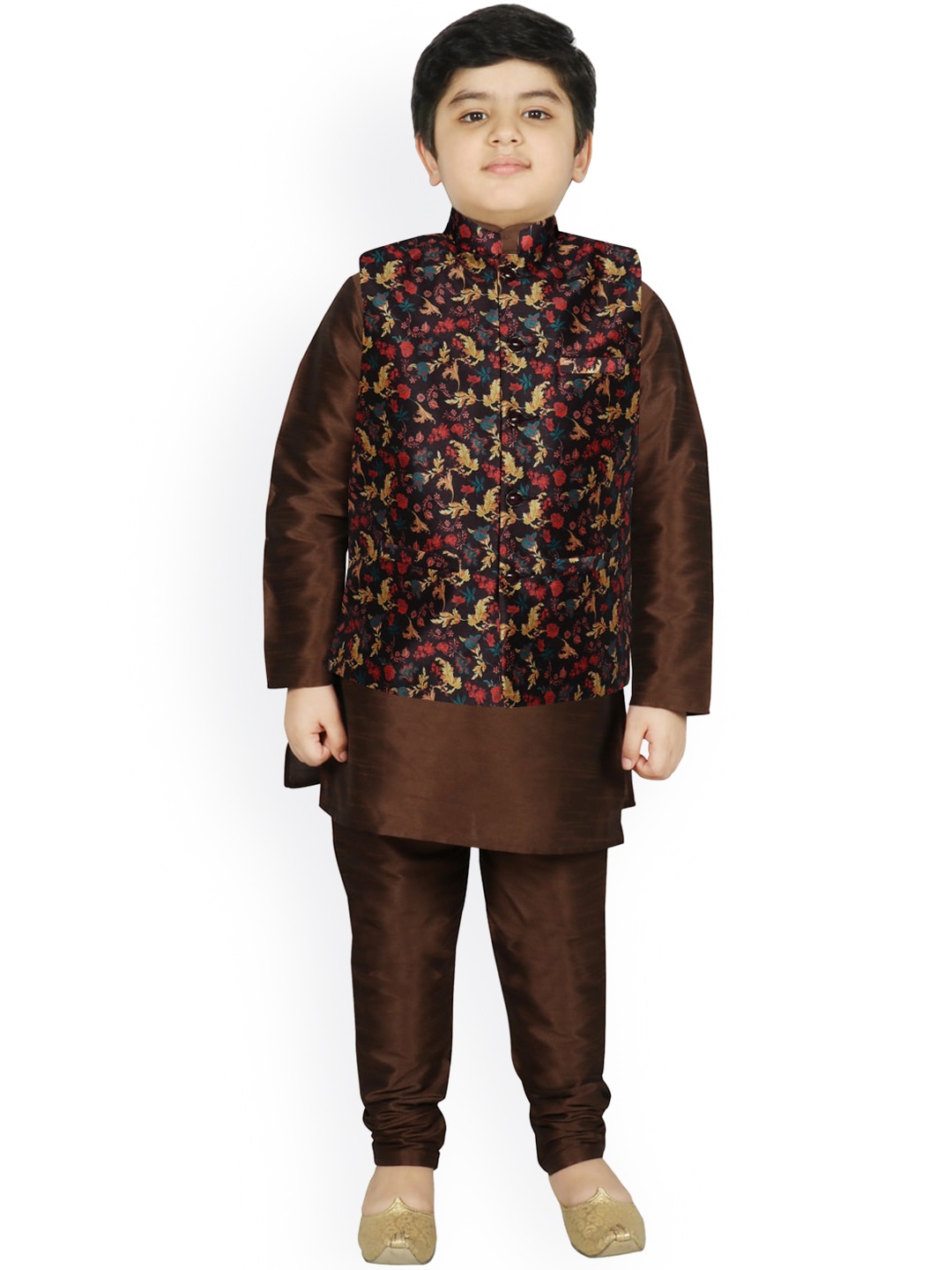 

SG YUVRAJ Boys Brown Floral Raw Silk Kurta with Churidar & Nehru Jacket