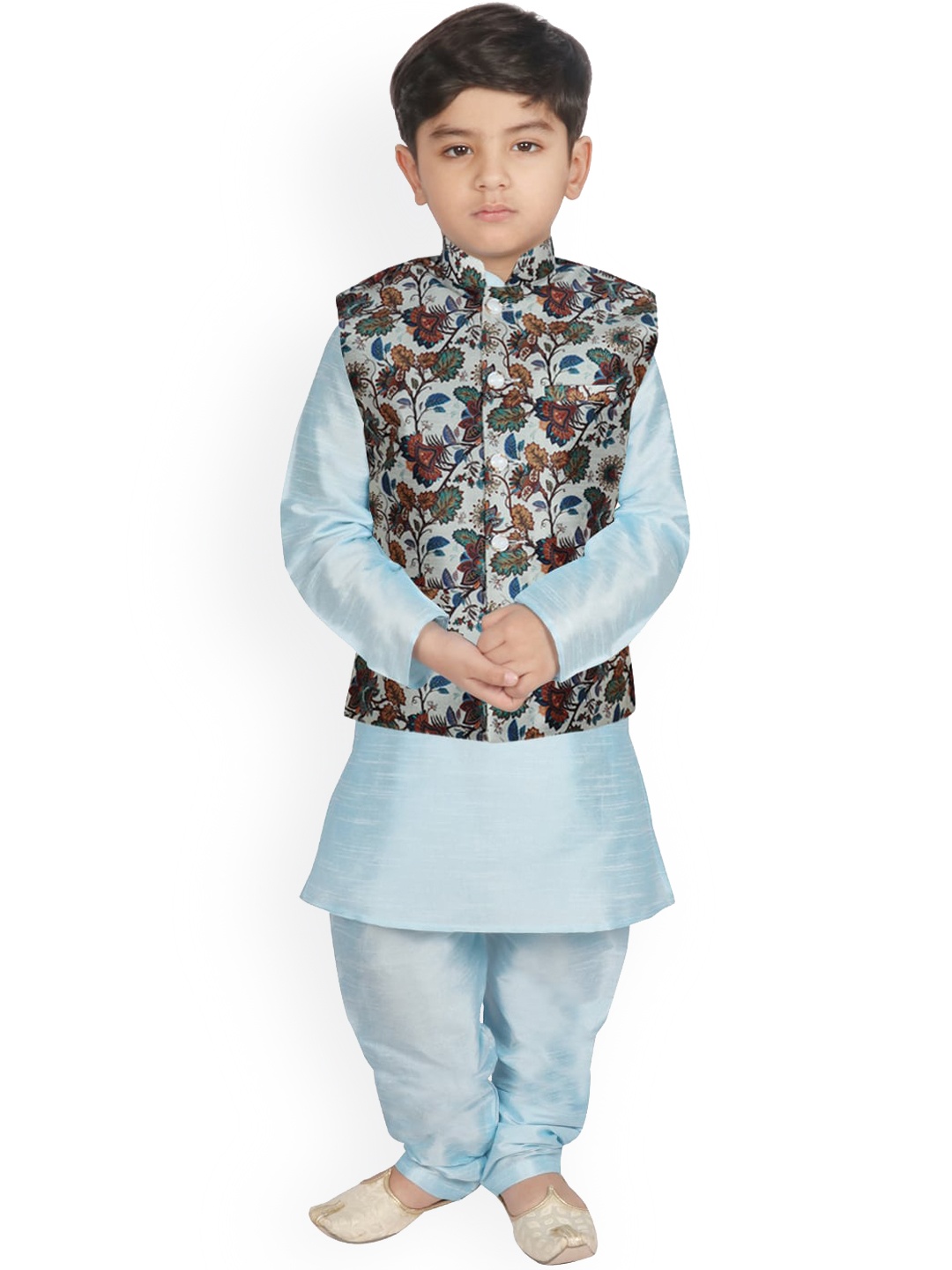 

SG YUVRAJ Boys Turquoise Blue Raw Silk Kurta with Churidar & Nehru Jacket