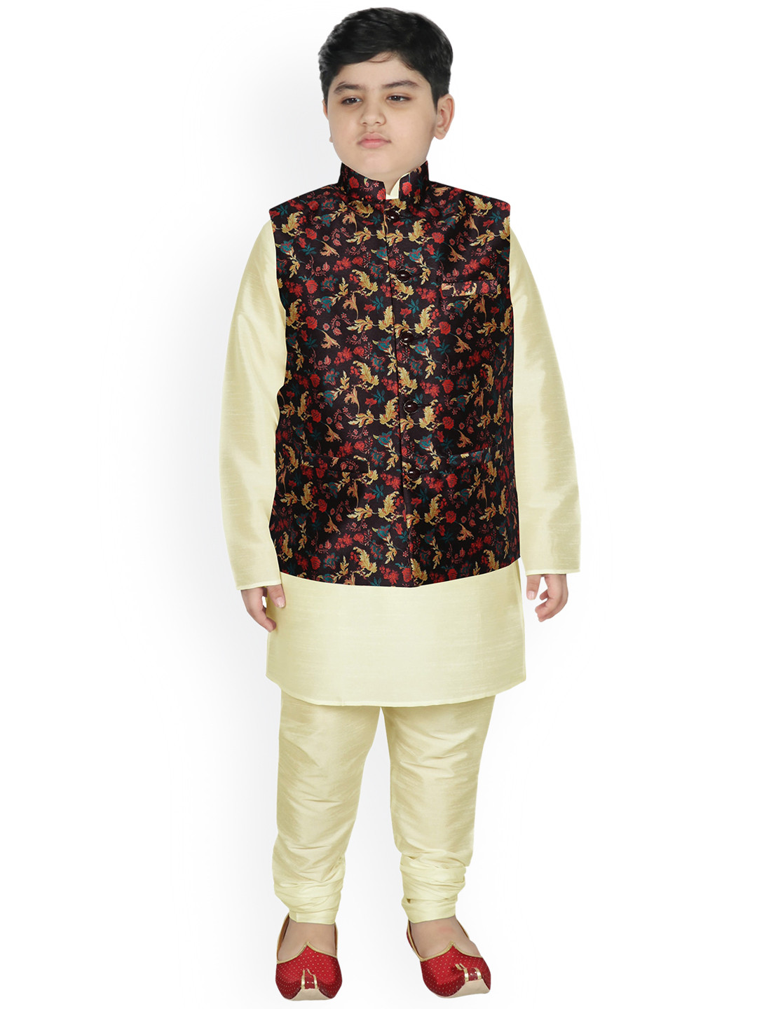 

SG YUVRAJ Boys Beige Floral Raw Silk Kurta with Churidar & Nehru Jacket