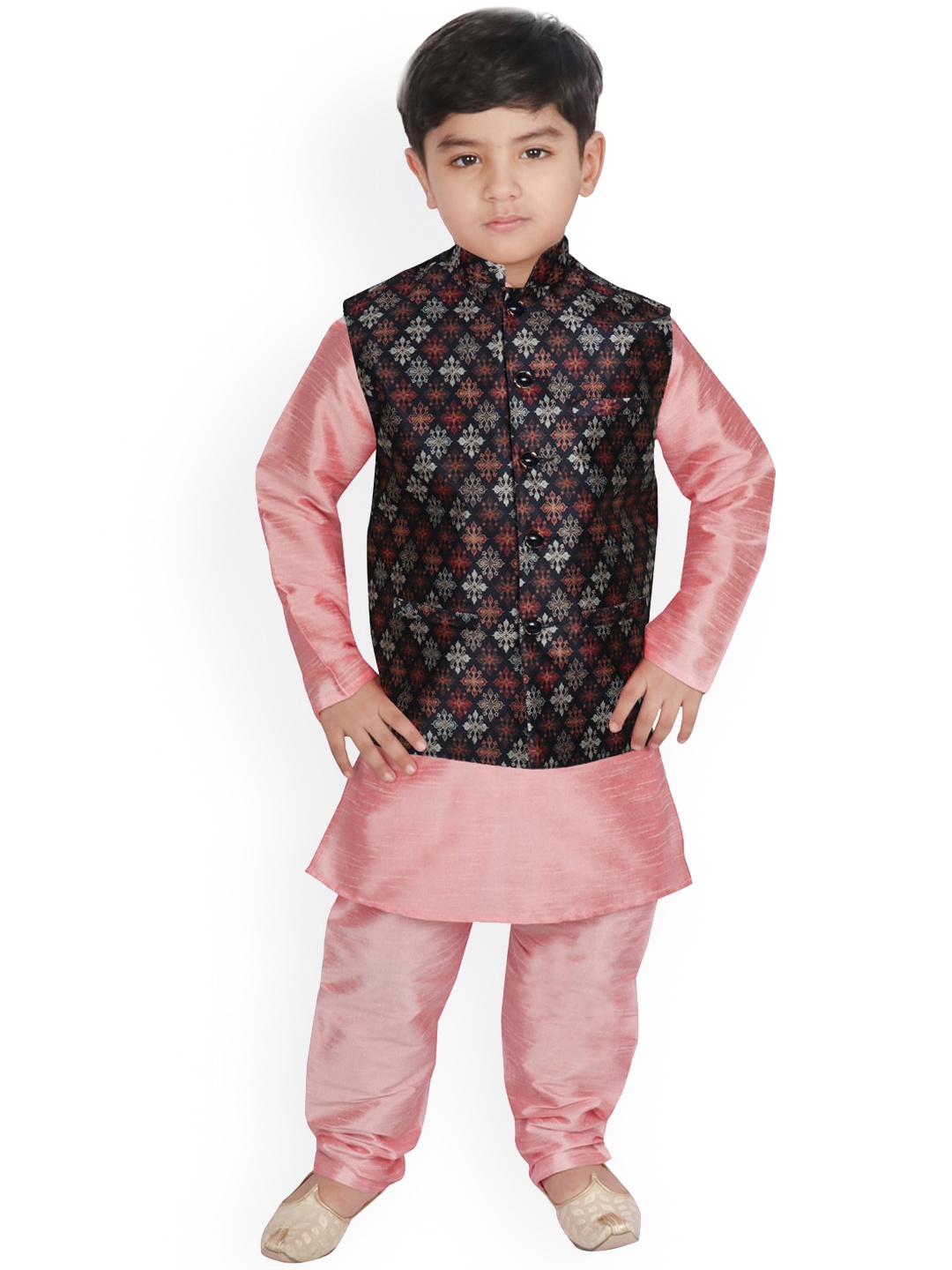 

SG YUVRAJ Boys Peach-Coloured Layered Raw Silk Kurta with Patiala