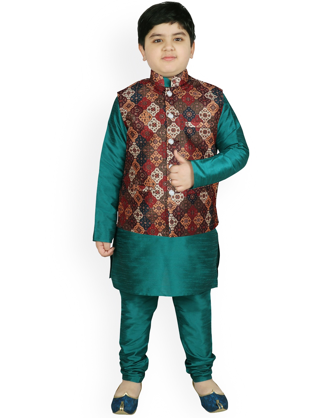 

SG YUVRAJ Boys Green Raw Silk Kurta with Churidar