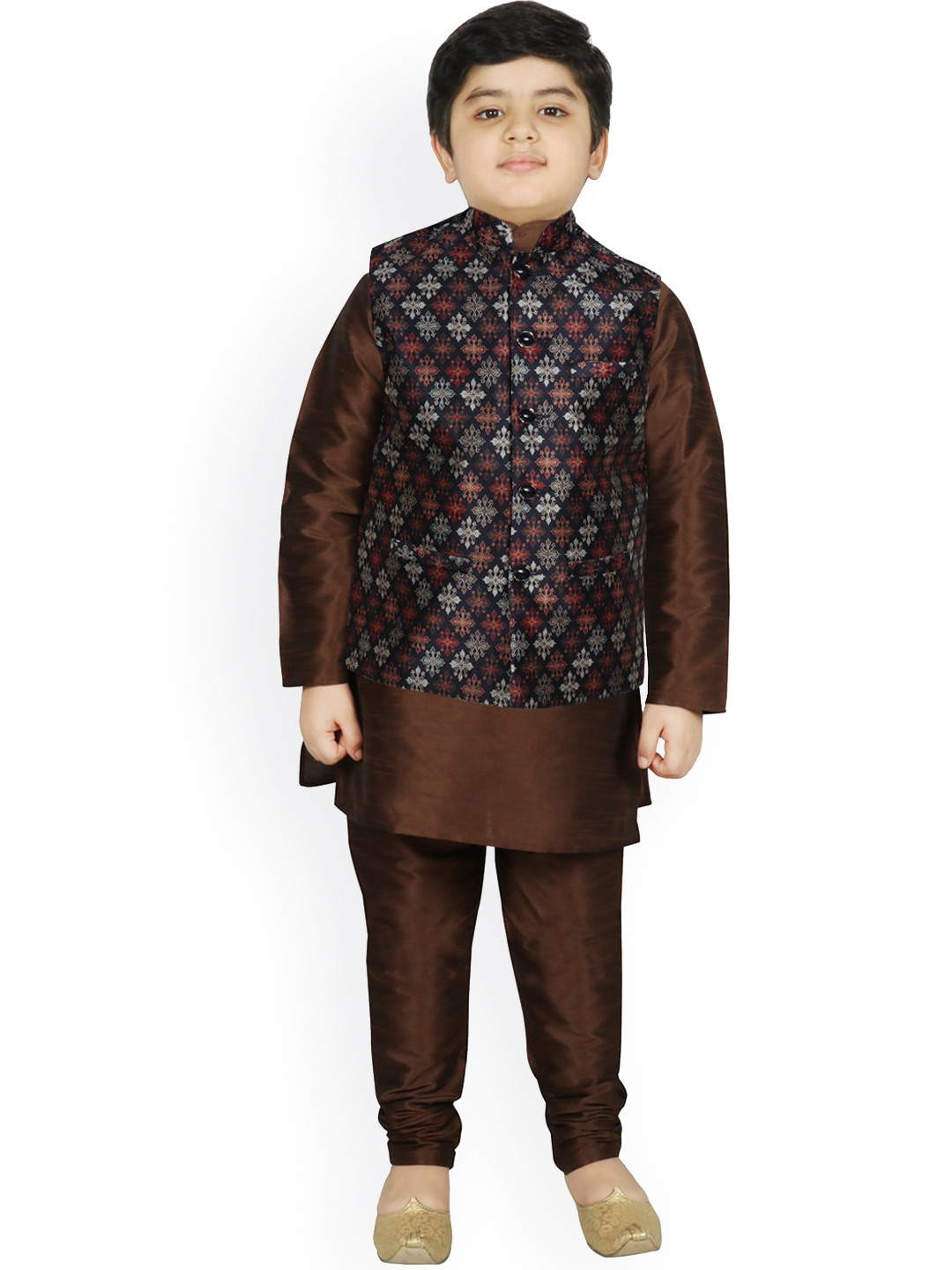 

SG YUVRAJ Boys Brown Layered Raw Silk Kurta with Churidar