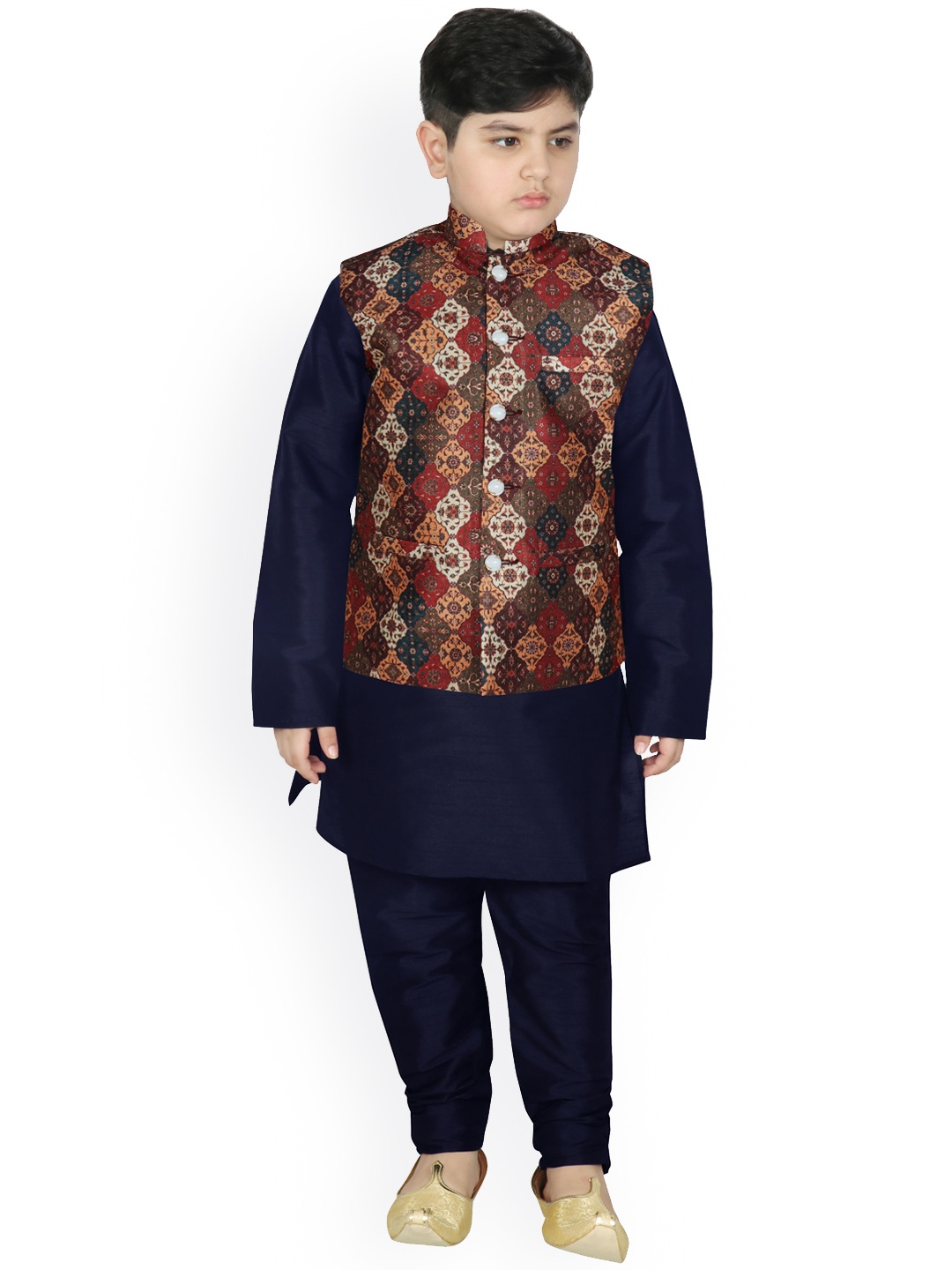 

SG YUVRAJ Boys Navy Blue Layered Raw Silk Kurta with Churidar