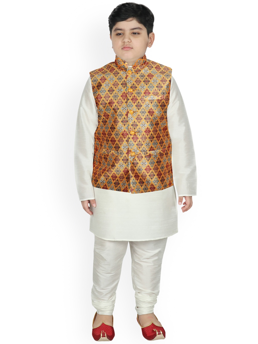 

SG YUVRAJ Boys Cream-Coloured Layered Raw Silk Kurta with Churidar