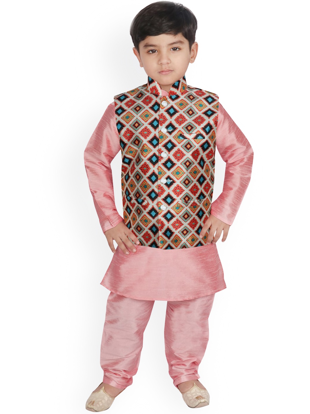 

SG YUVRAJ Boys Peach-Coloured Layered Raw Silk Kurta with Salwar