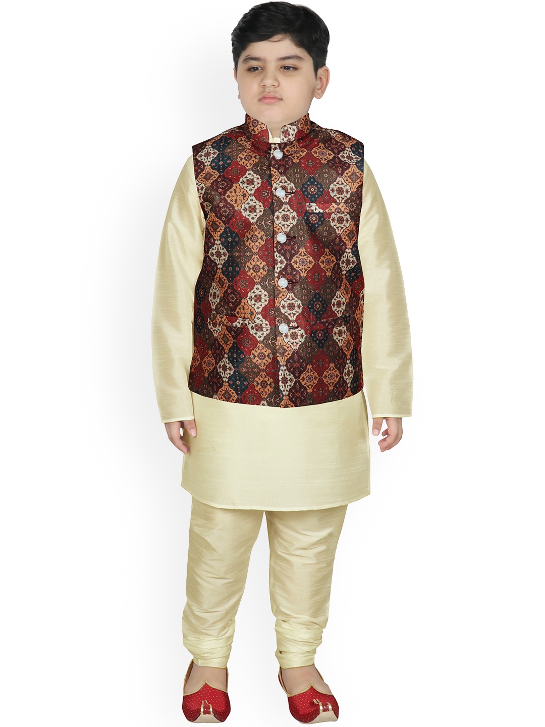 

SG YUVRAJ Boys Beige Layered Raw Silk Kurta with Churidar