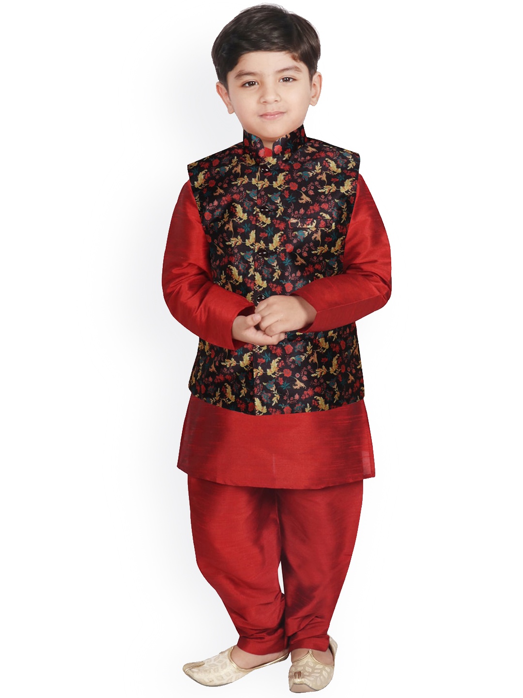 

SG YUVRAJ Boys Maroon Layered Raw Silk Kurta with Salwar