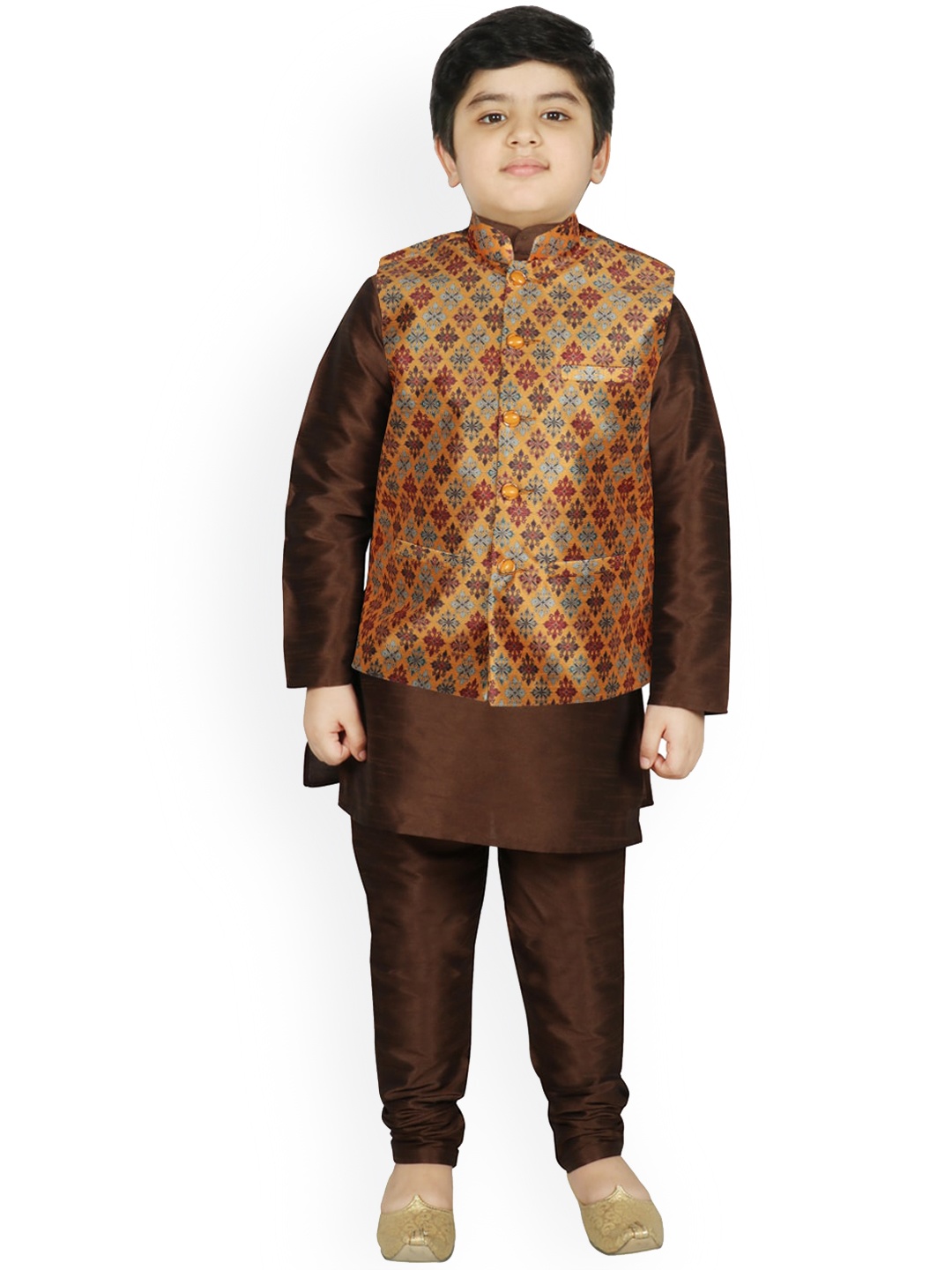 

SG YUVRAJ Boys Brown Layered Raw Silk Kurta with Churidar