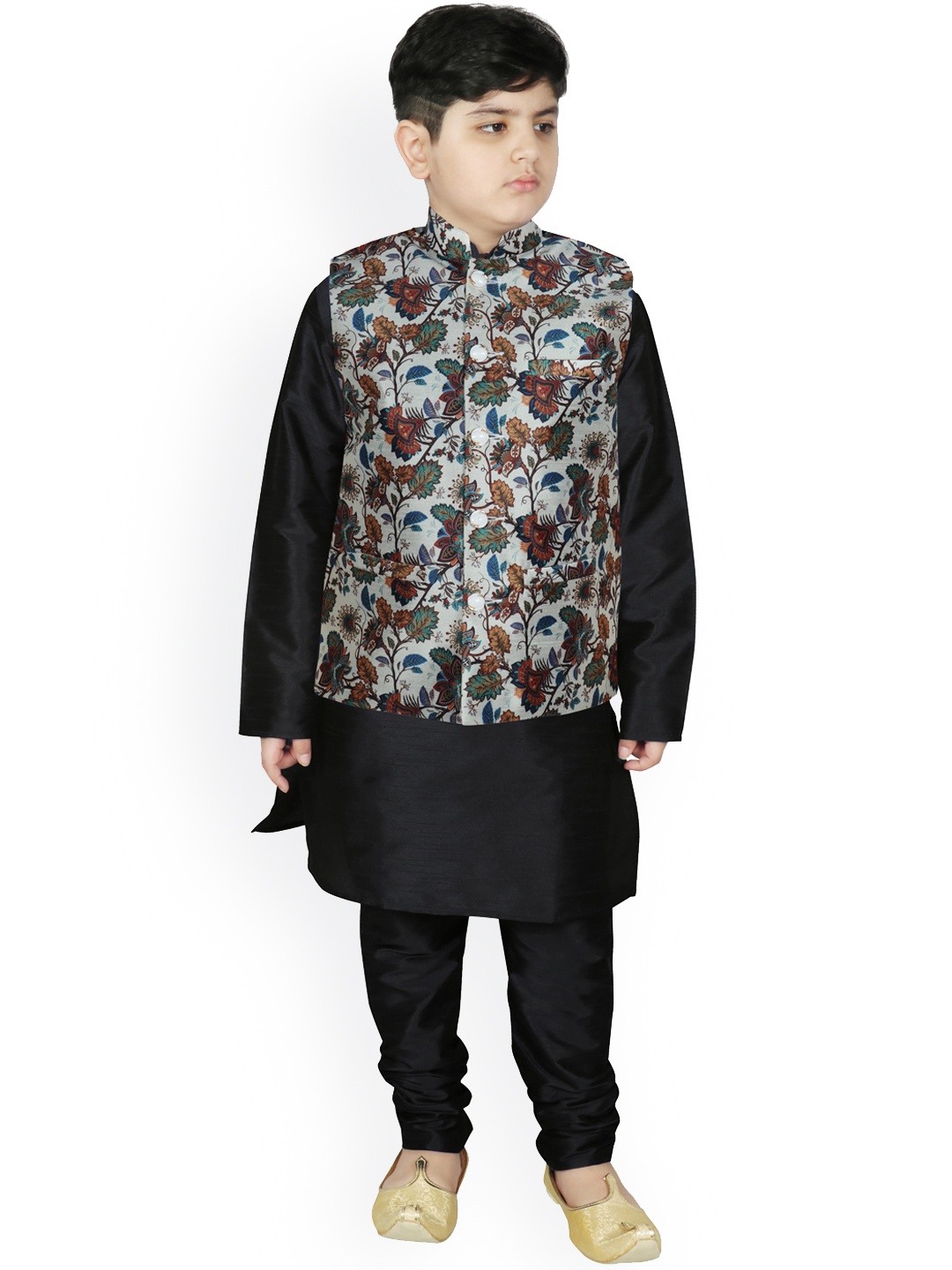 

SG YUVRAJ Boys Black Layered Raw Silk Kurta with Churidar