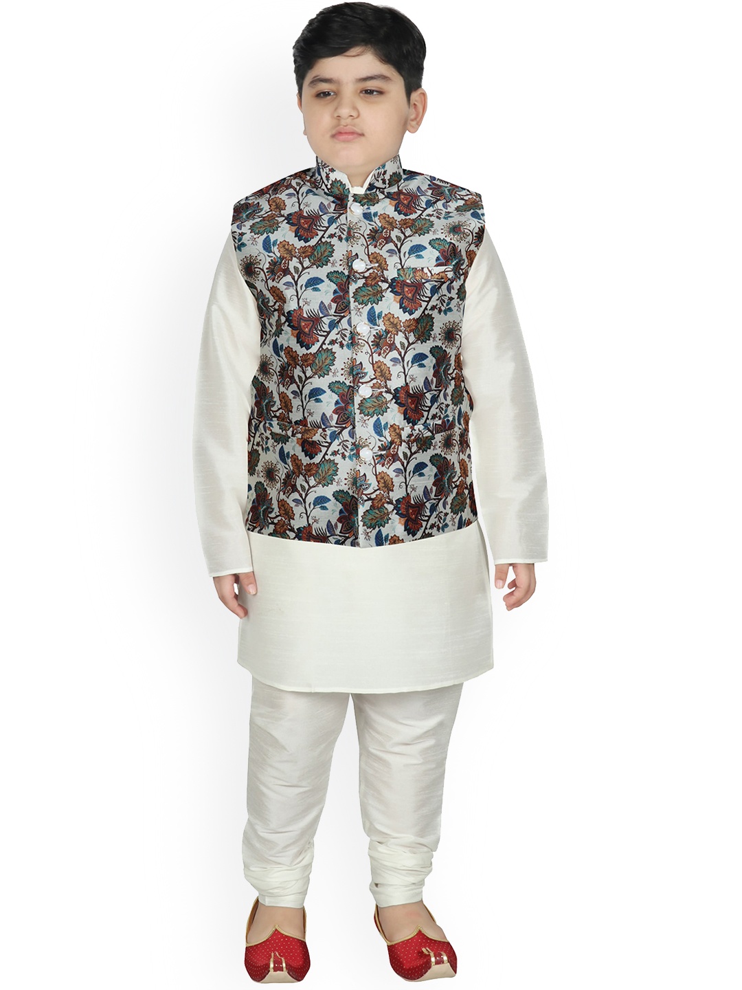 

SG YUVRAJ Boys Cream-Coloured Layered Raw Silk Kurta with Pyjamas