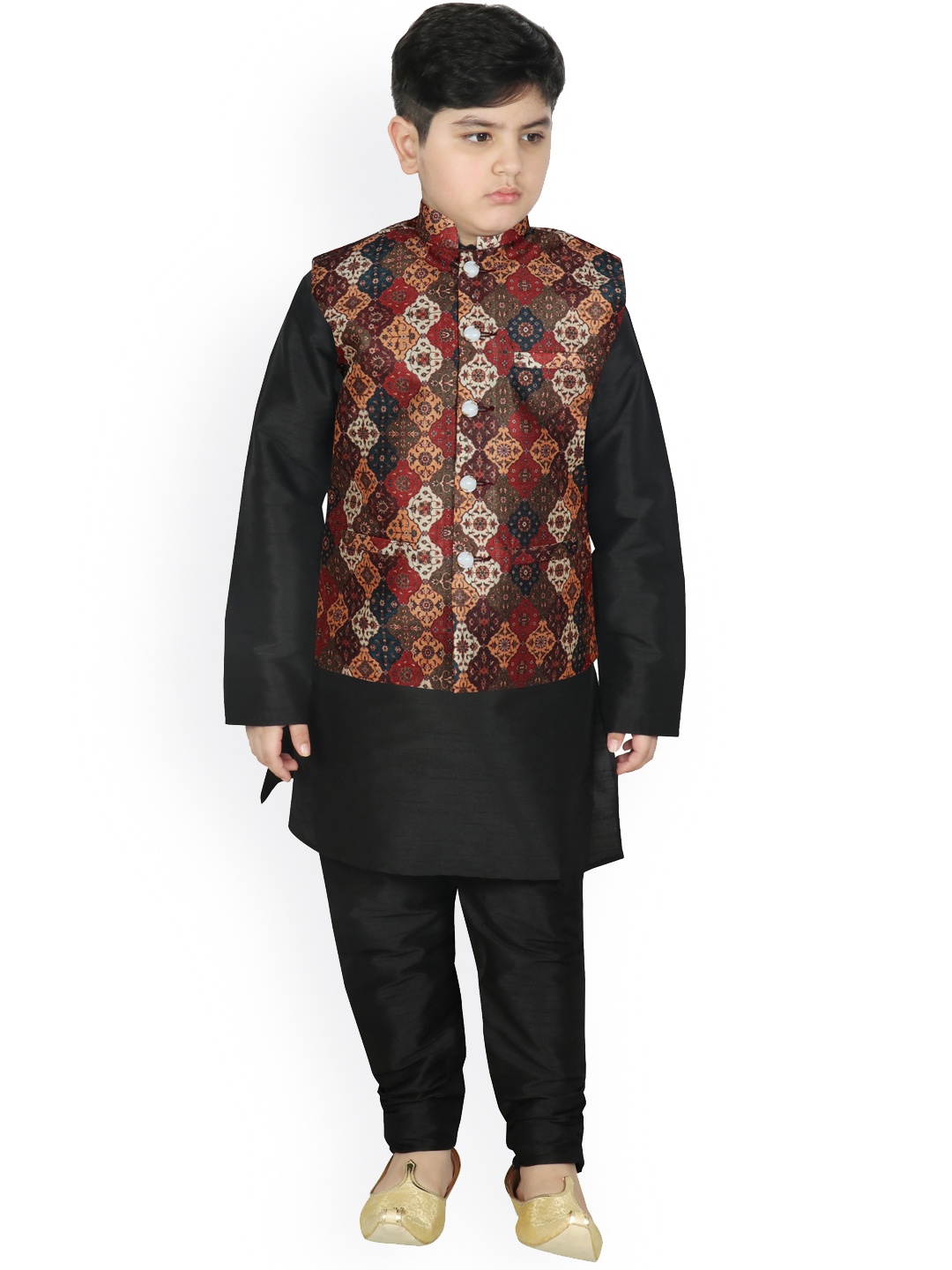 

SG YUVRAJ Boys Black Layered Raw Silk Kurta with Churidar