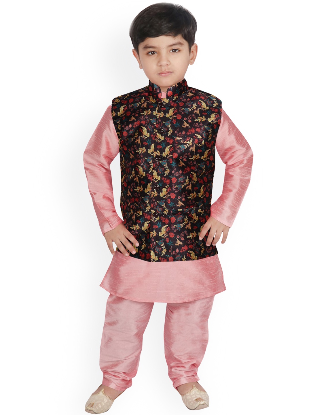 

SG YUVRAJ Boys Peach-Coloured Layered Raw Silk Kurta with Salwar