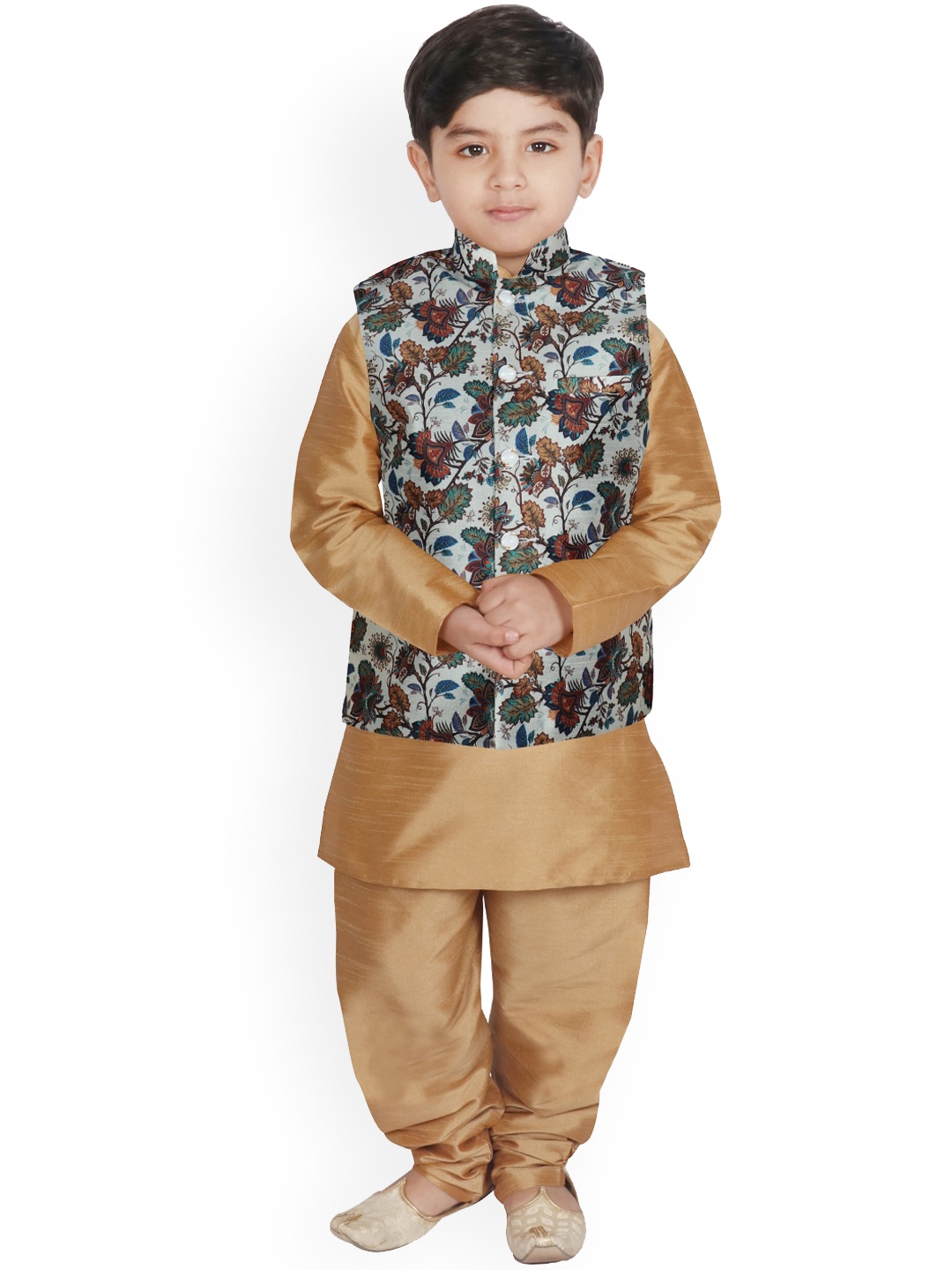 

SG YUVRAJ Boys Gold-Toned Layered Raw Silk Kurta with Salwar