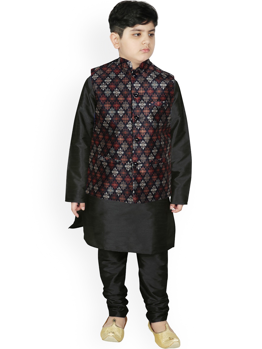

SG YUVRAJ Boys Black Layered Raw Silk Kurta with Churidar