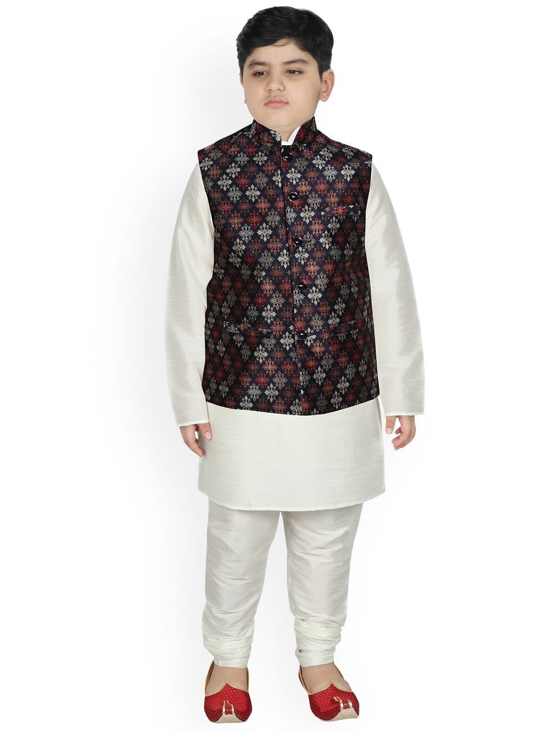 

SG YUVRAJ Boys Cream-Coloured Layered Raw Silk Kurta with Churidar