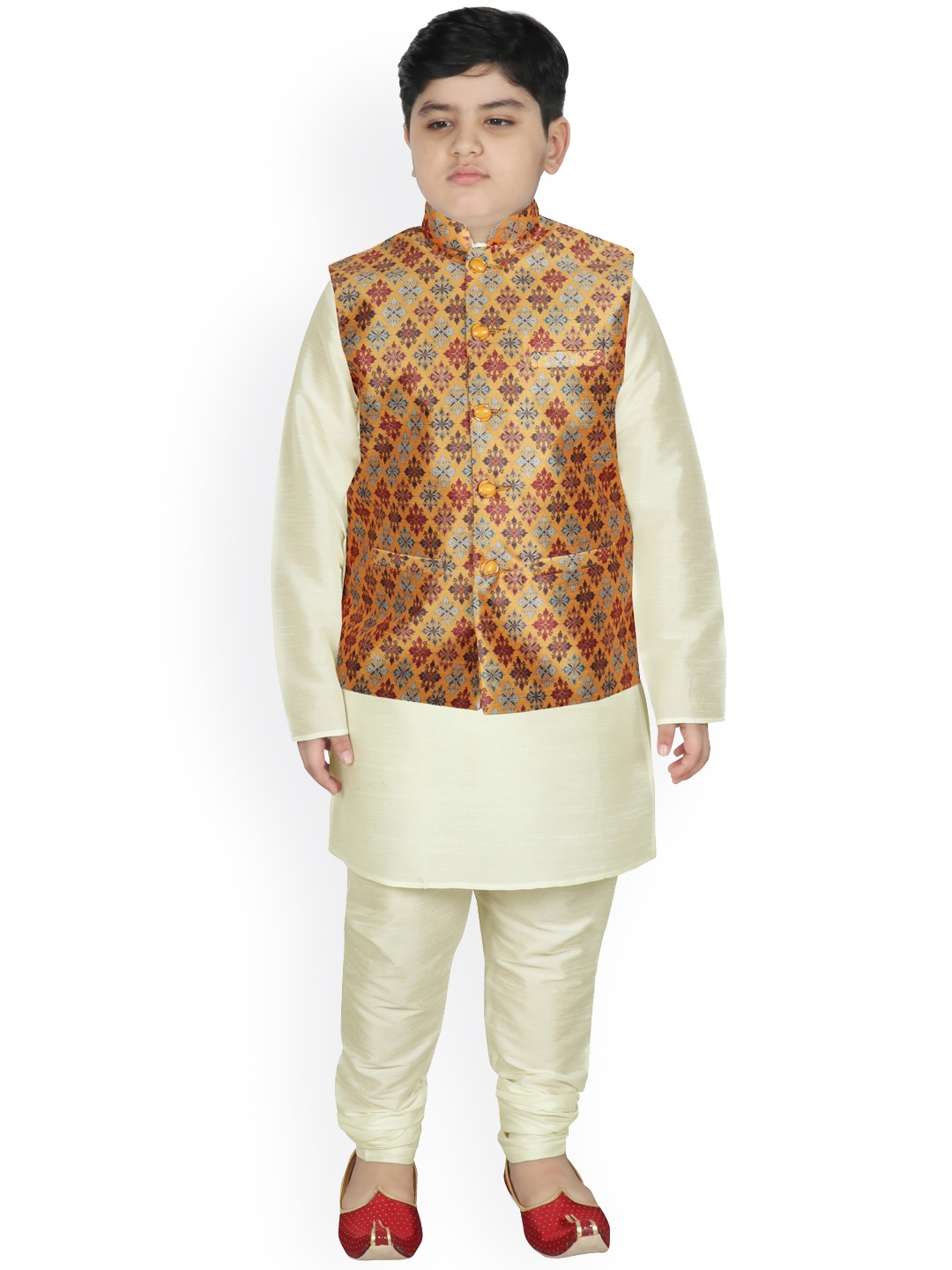 

SG YUVRAJ Boys Beige Ethnic Motifs Printed Layered Raw Silk Kurta with Pyjamas