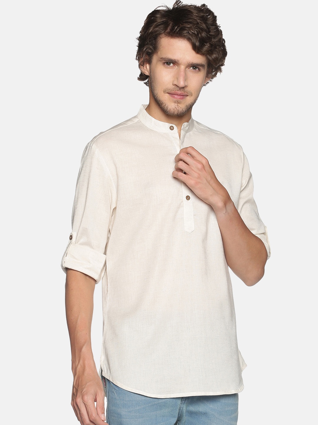 

Saffron Threads Men Off White Cotton Linen Kurta