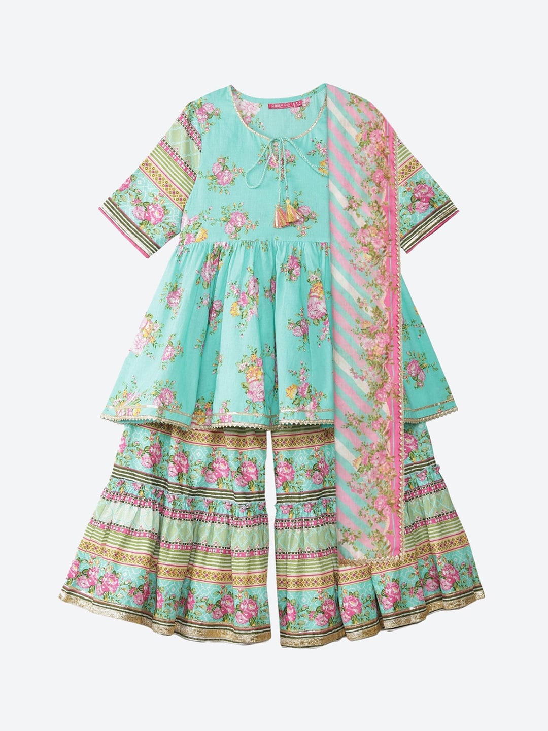 

Biba Girls Sea Green Printed Pure Cotton Kurta with Sharara & With Dupatta