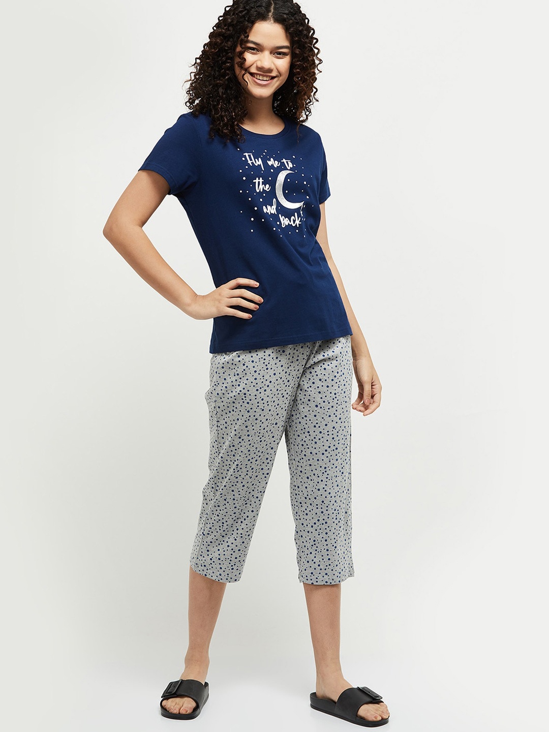 

max Women Navy Blue & Grey Printed Night suit