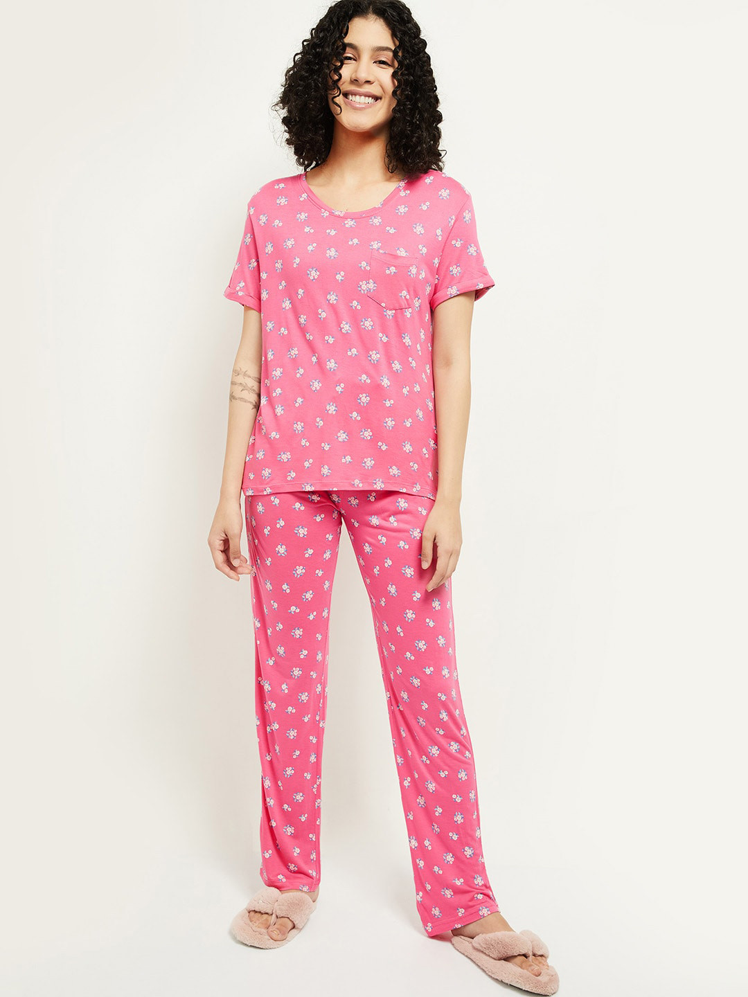 

max Women Viscose Rayon Pink & Blue Floral Printed Night suit