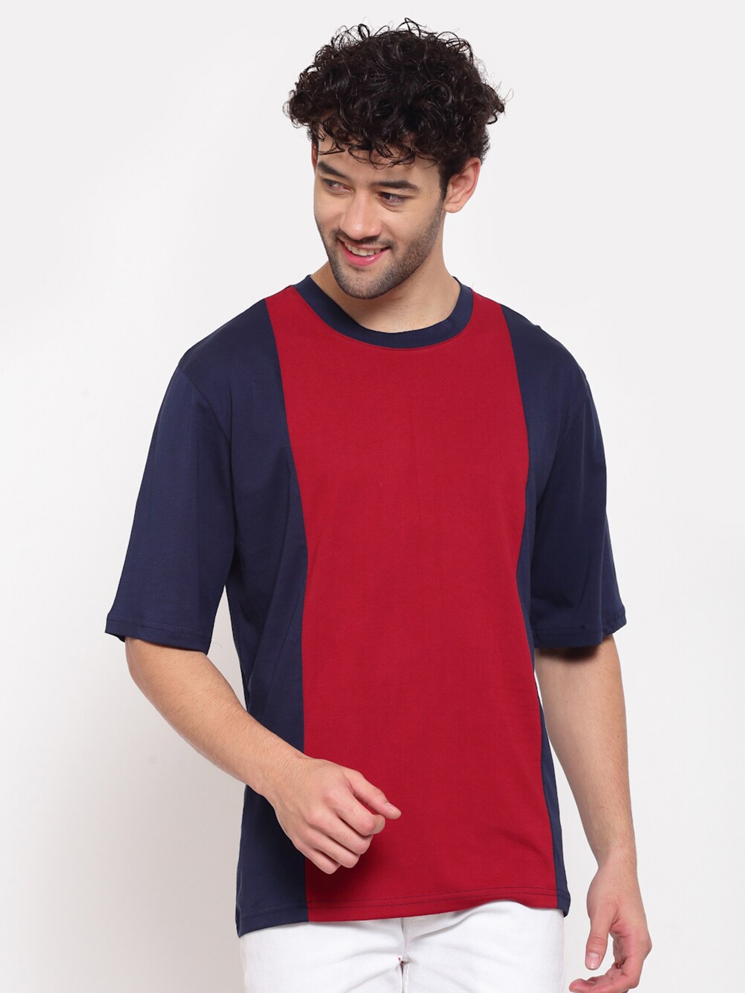 

PAUSE SPORT Men Blue & Maroon Colourblocked Slim Fit Cotton Outdoor T-shirt