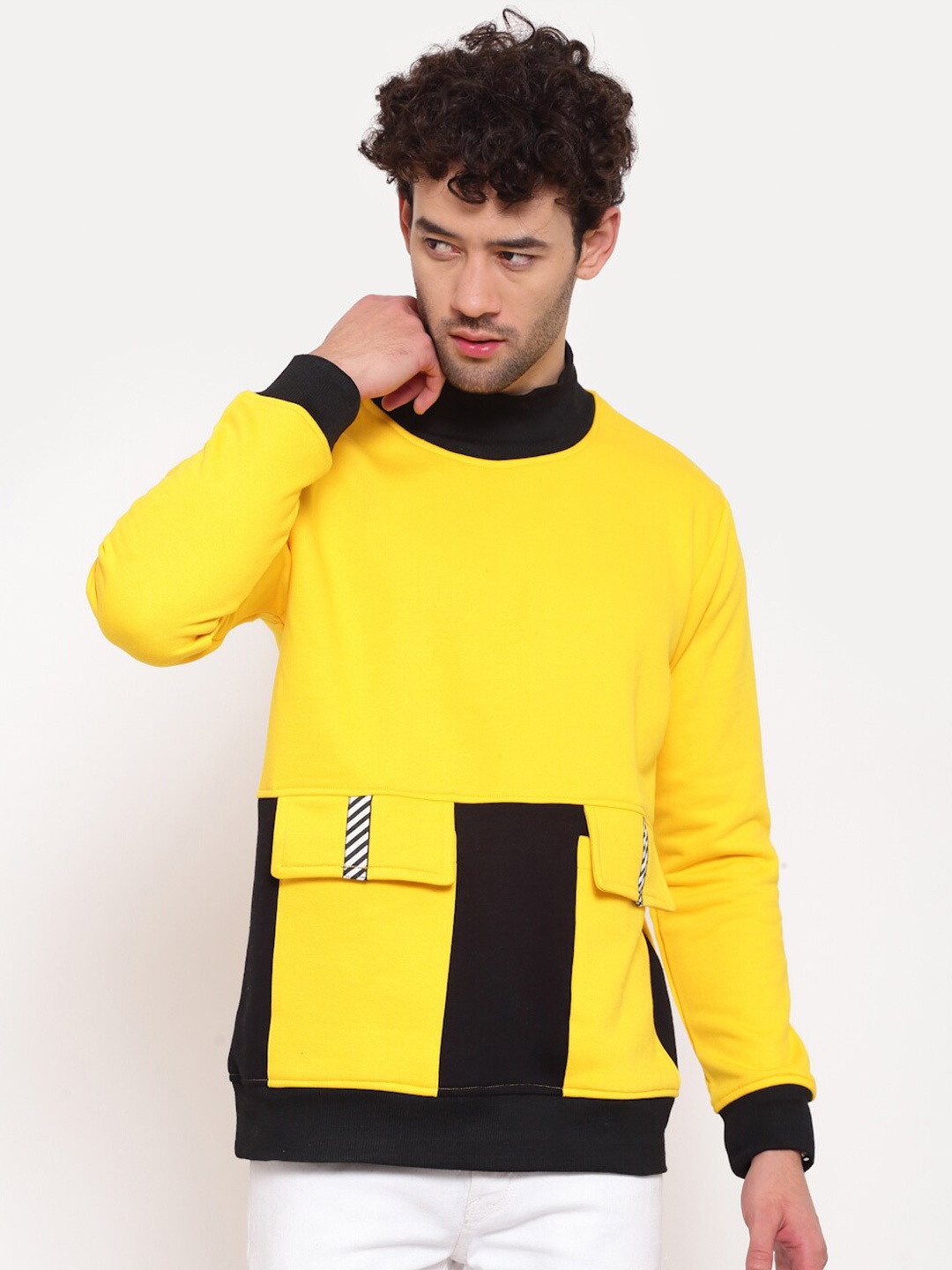 

PAUSE SPORT Men Yellow Colourblocked Cotton Sweatshirt