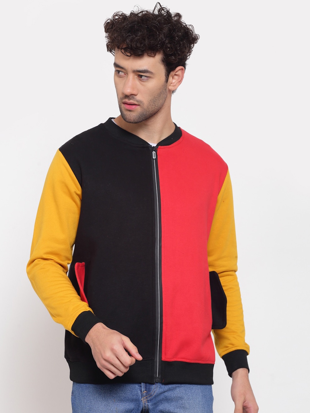 

PAUSE SPORT Men Black Red Colourblocked Fleece Lightweight Antimicrobial Bomber Jacket