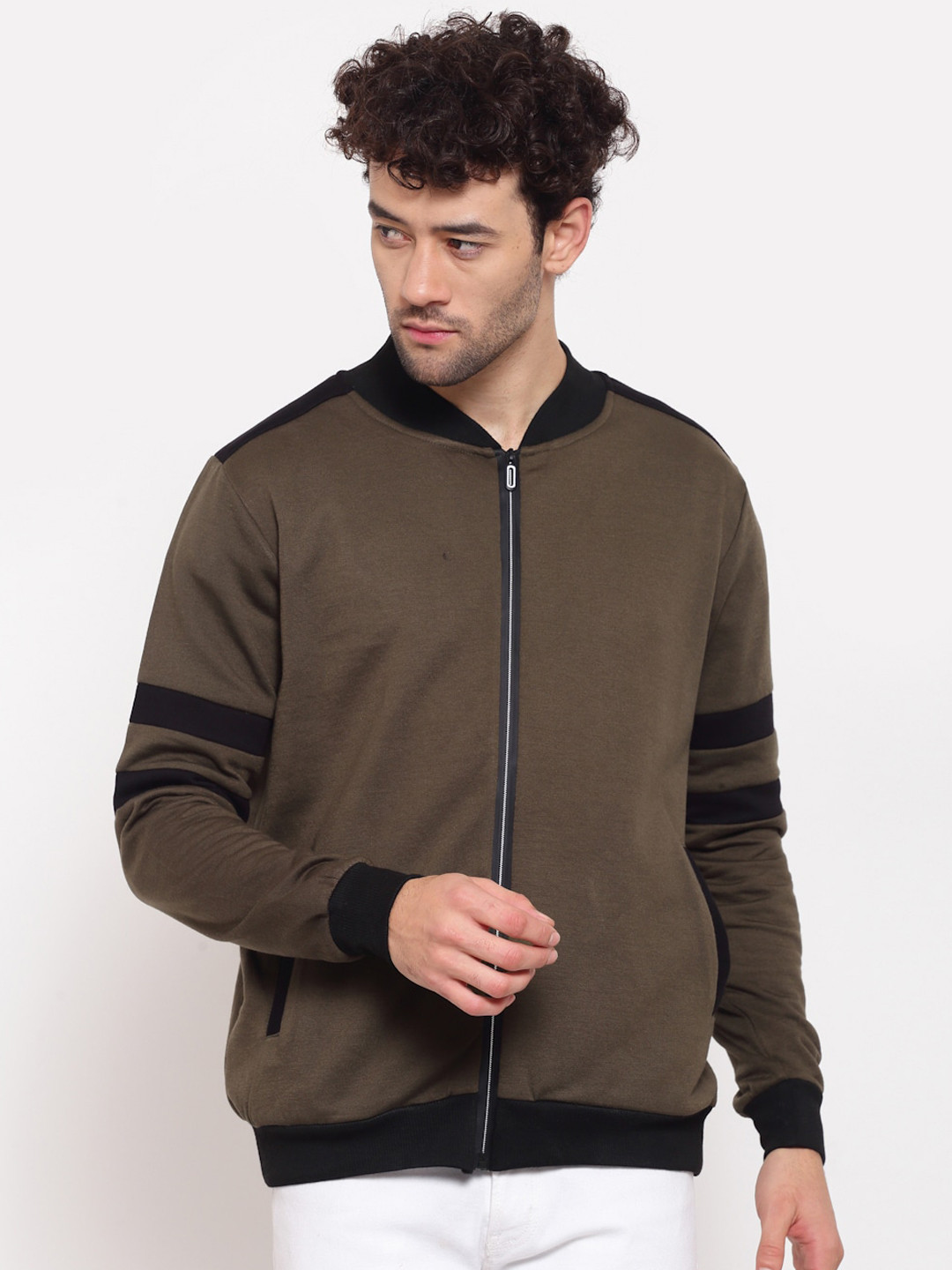 

PAUSE SPORT Men Olive Green Colourblocked Fleece Lightweight Antimicrobial Outdoor Bomber Jacket