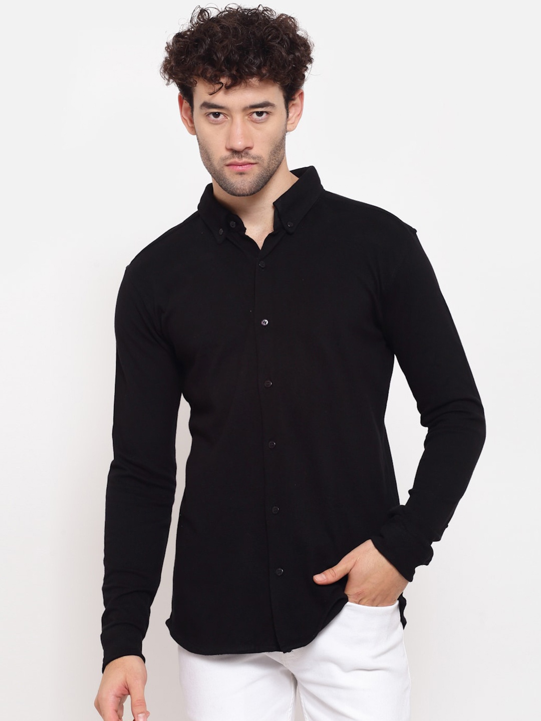 

PAUSE SPORT Men Black Standard Button-Down Collar Cotton Casual Shirt