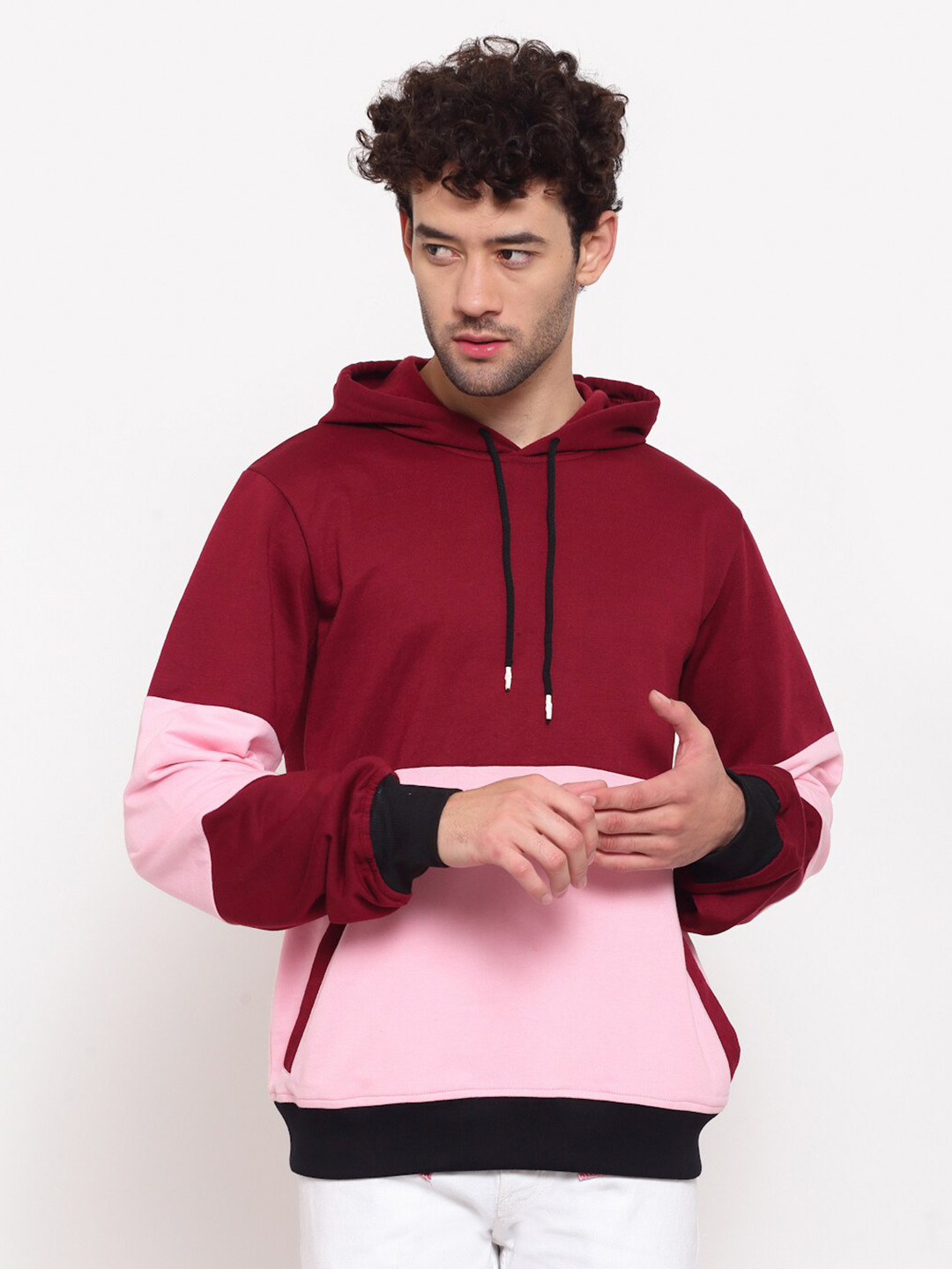

PAUSE SPORT Men Maroon & Pink Colourblocked Hooded Cotton Sweatshirt