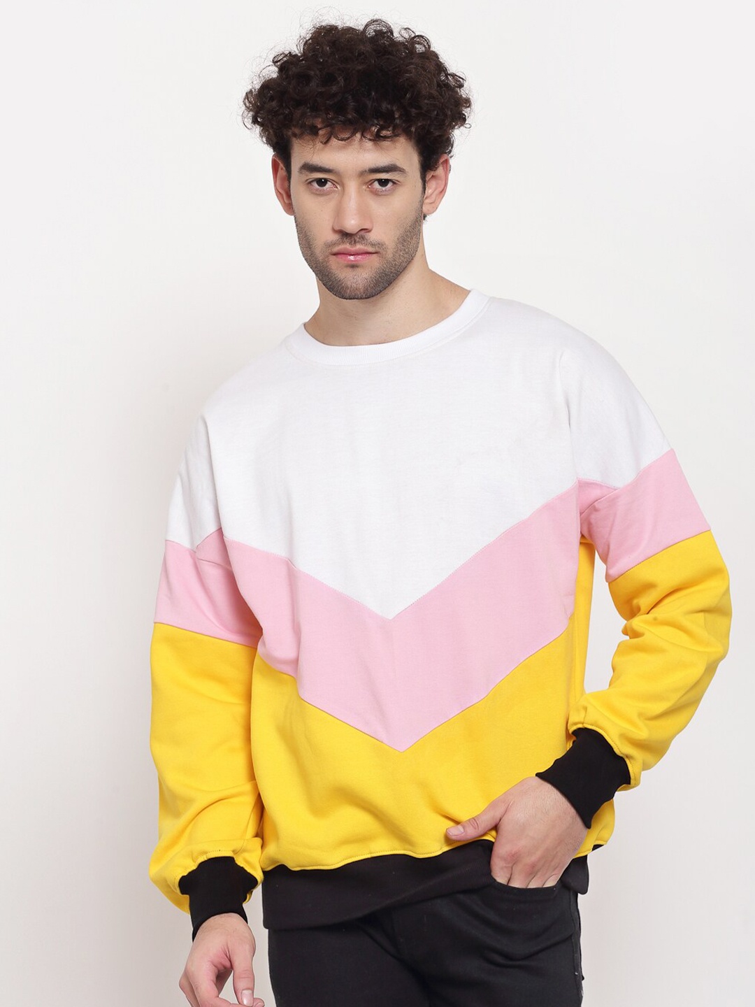 

PAUSE SPORT Men White & Yellow Colourblocked Antimicrobial Cotton Sweatshirt