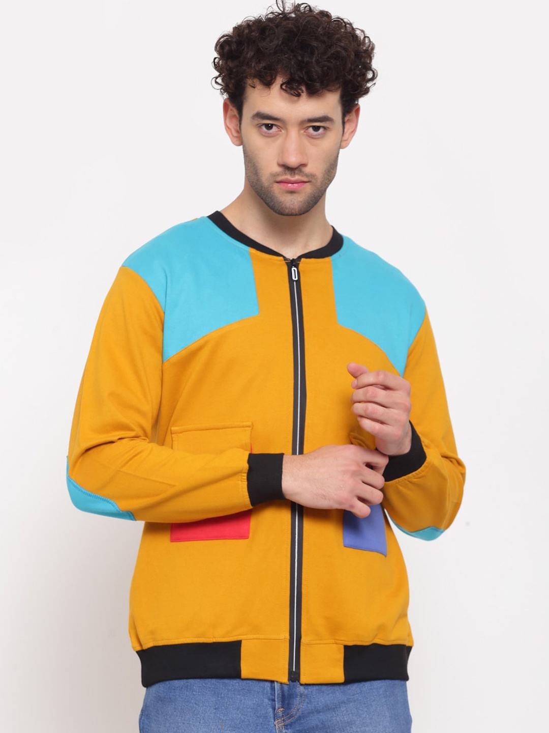 

PAUSE SPORT Men Mustard Turquoise Blue Colourblocked Fleece Lightweight Antimicrobial Outdoor Bomber Jacket