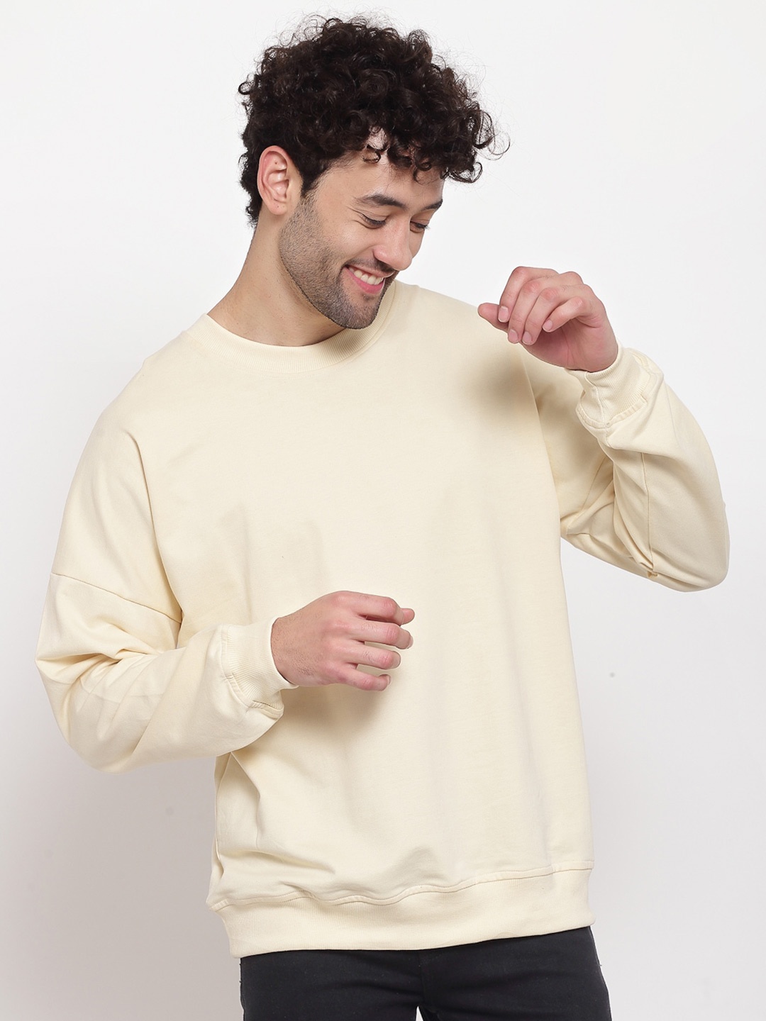 

PAUSE SPORT Men Cream-Coloured Solid Cotton Sweatshirt