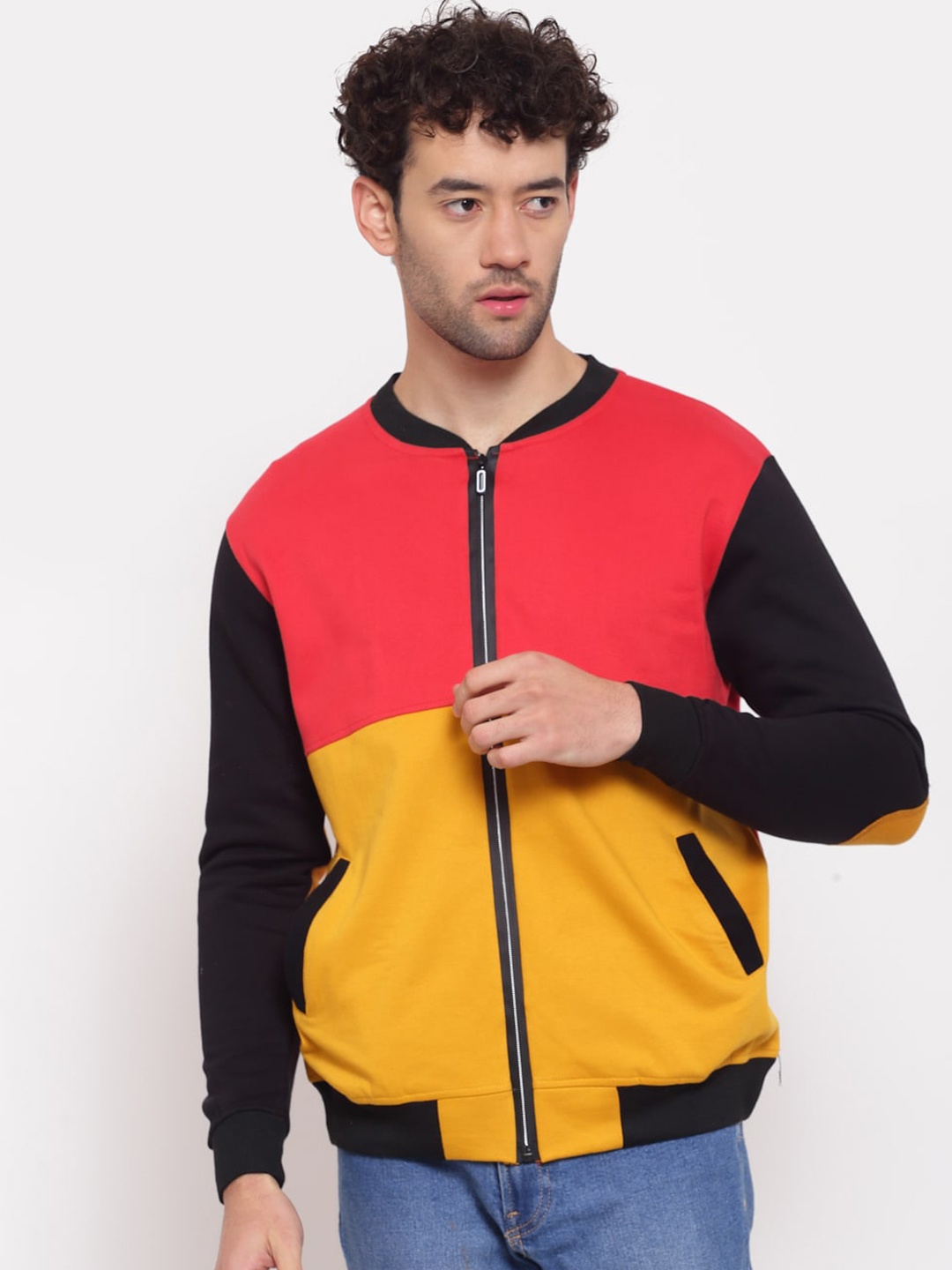 

PAUSE SPORT Men Pink & Yellow Colourblocked Antimicrobial Outdoor Bomber Jacket