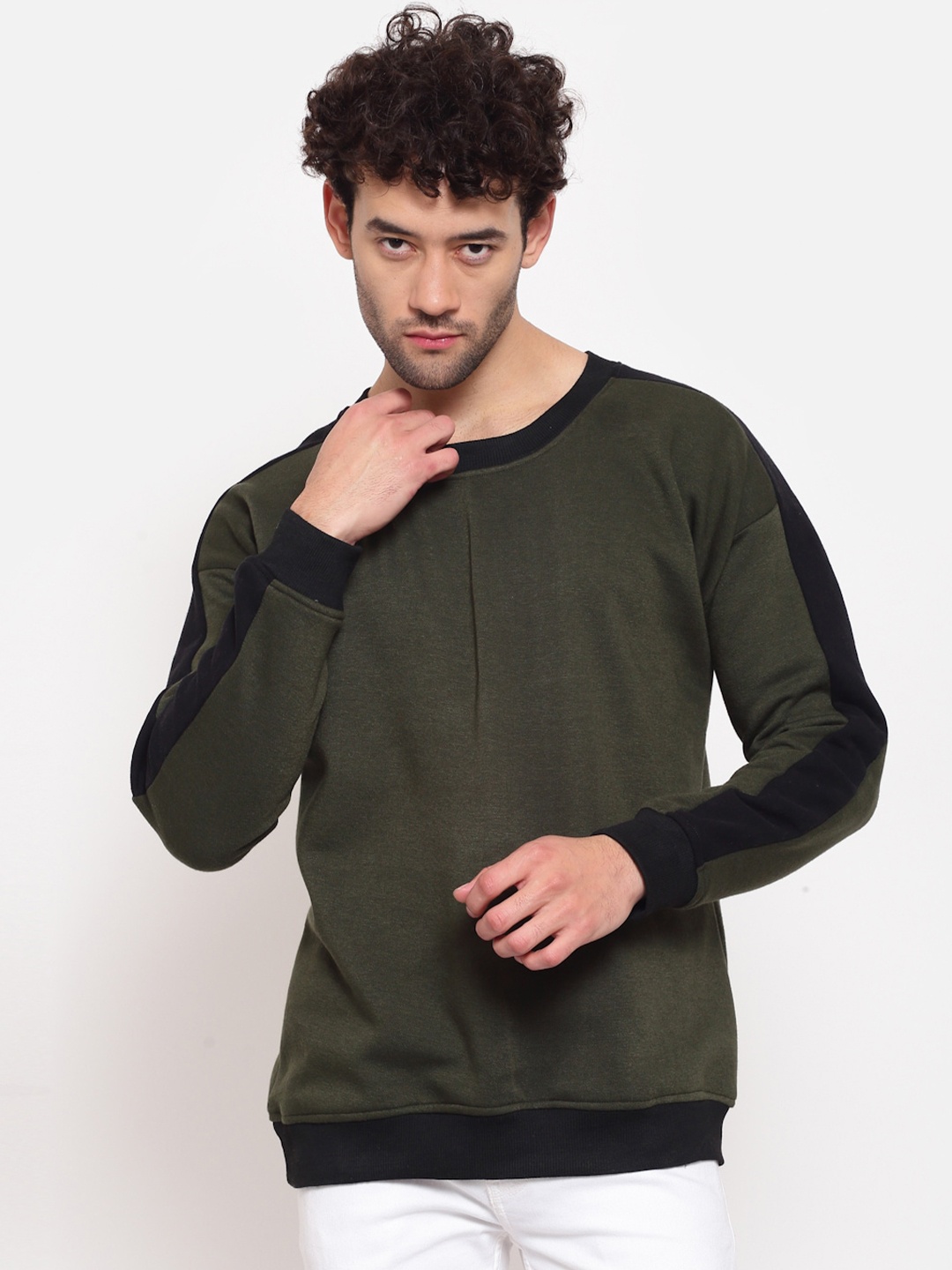 

PAUSE SPORT Men Olive Green & Black Colourblocked Cotton Sweatshirt