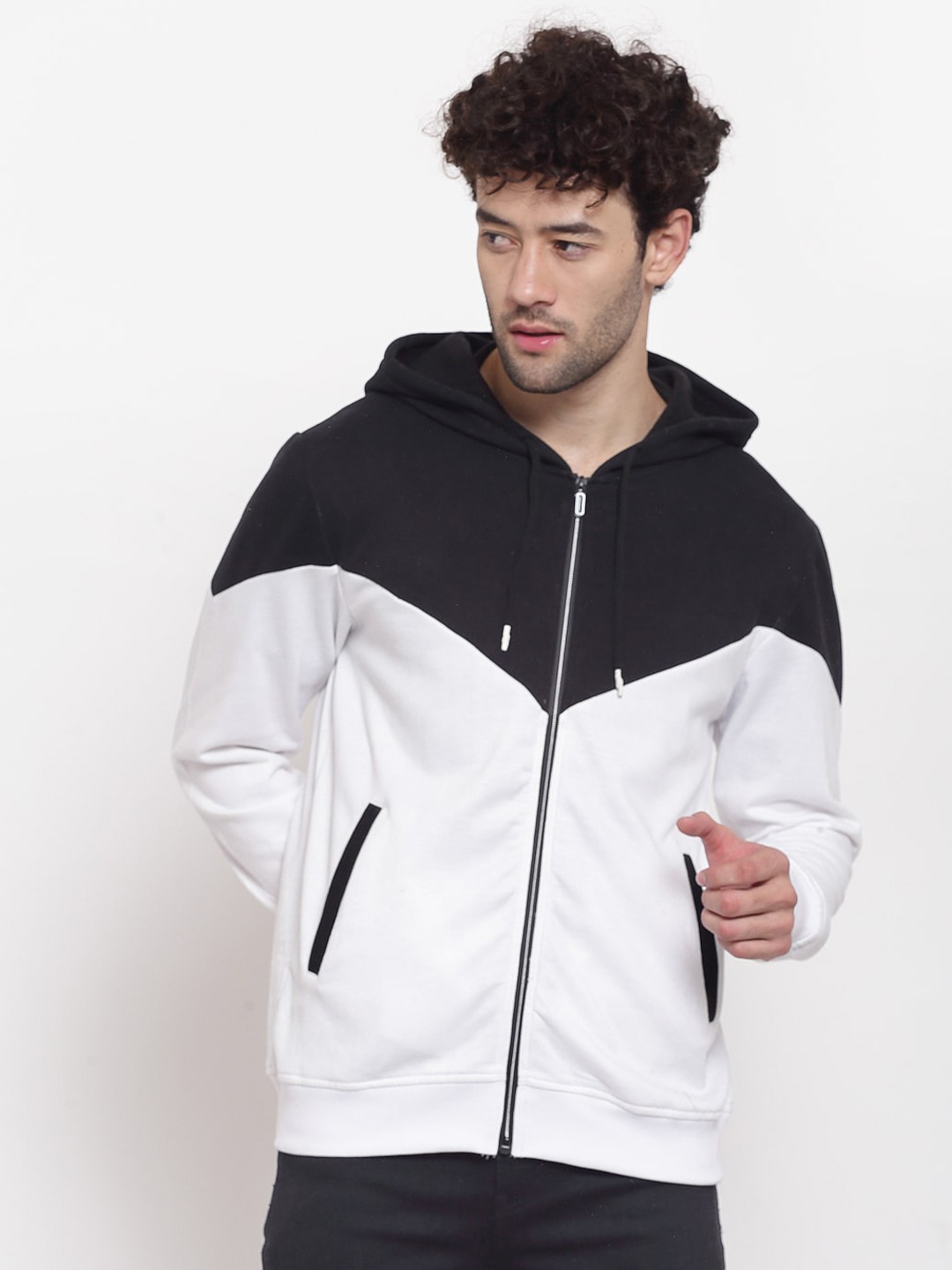 

PAUSE SPORT Men White Colourblocked Hooded Cotton Sweatshirt