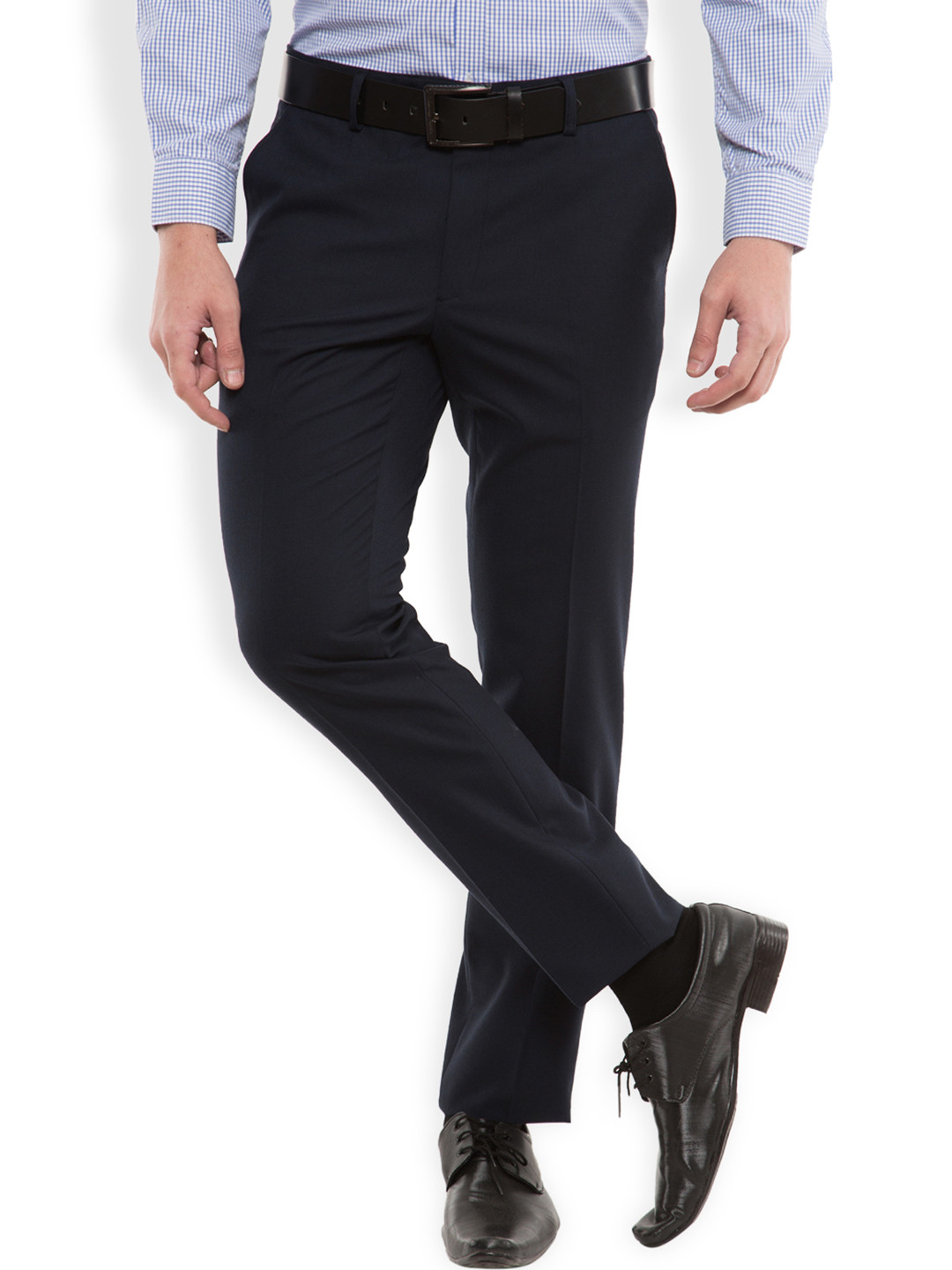 

Black coffee Men Navy Solid Slim Fit Formal Trousers, Navy blue