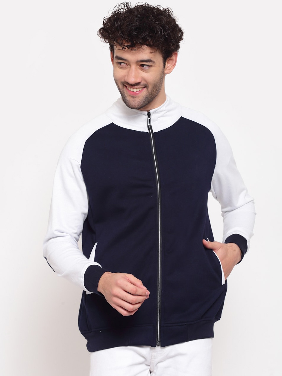 

PAUSE SPORT Men Blue White Colourblocked Fleece Lightweight Antimicrobial Tailored Jacket