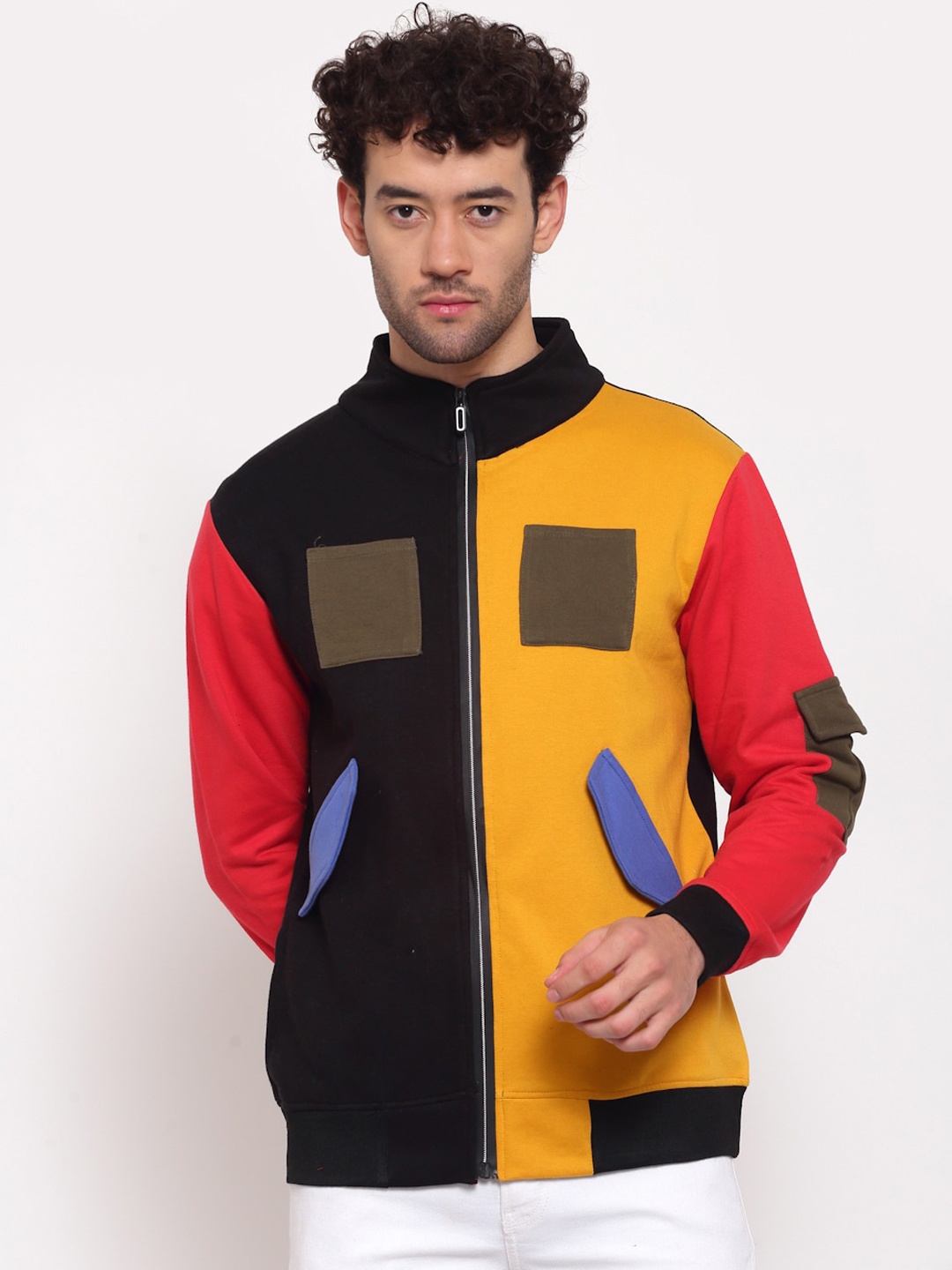 

PAUSE SPORT Men Yellow Black Colourblocked Fleece Lightweight Antimicrobial Outdoor Tailored Jacket with