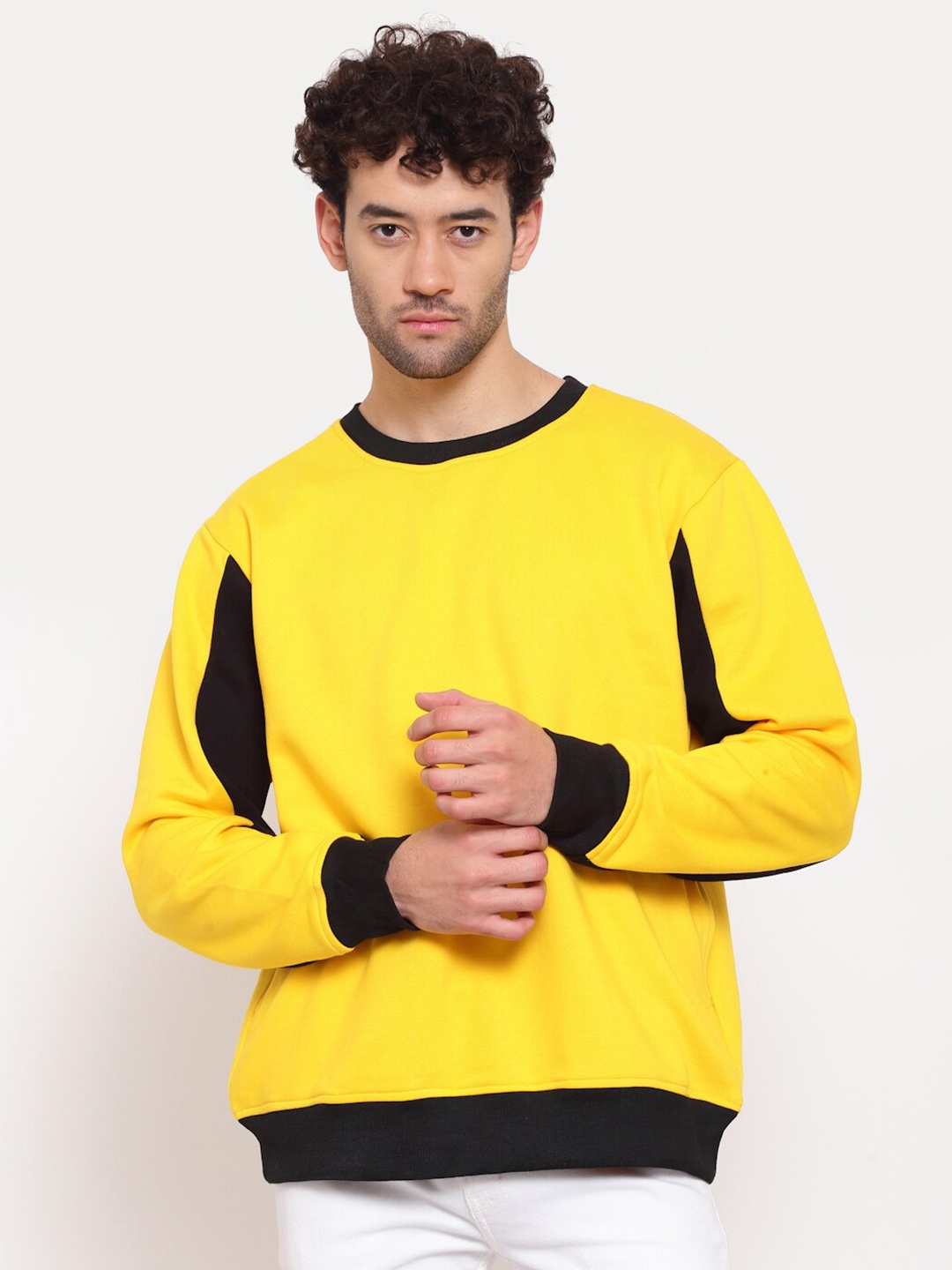 

PAUSE SPORT Men Yellow & Black Colourblocked Cotton Sweatshirt