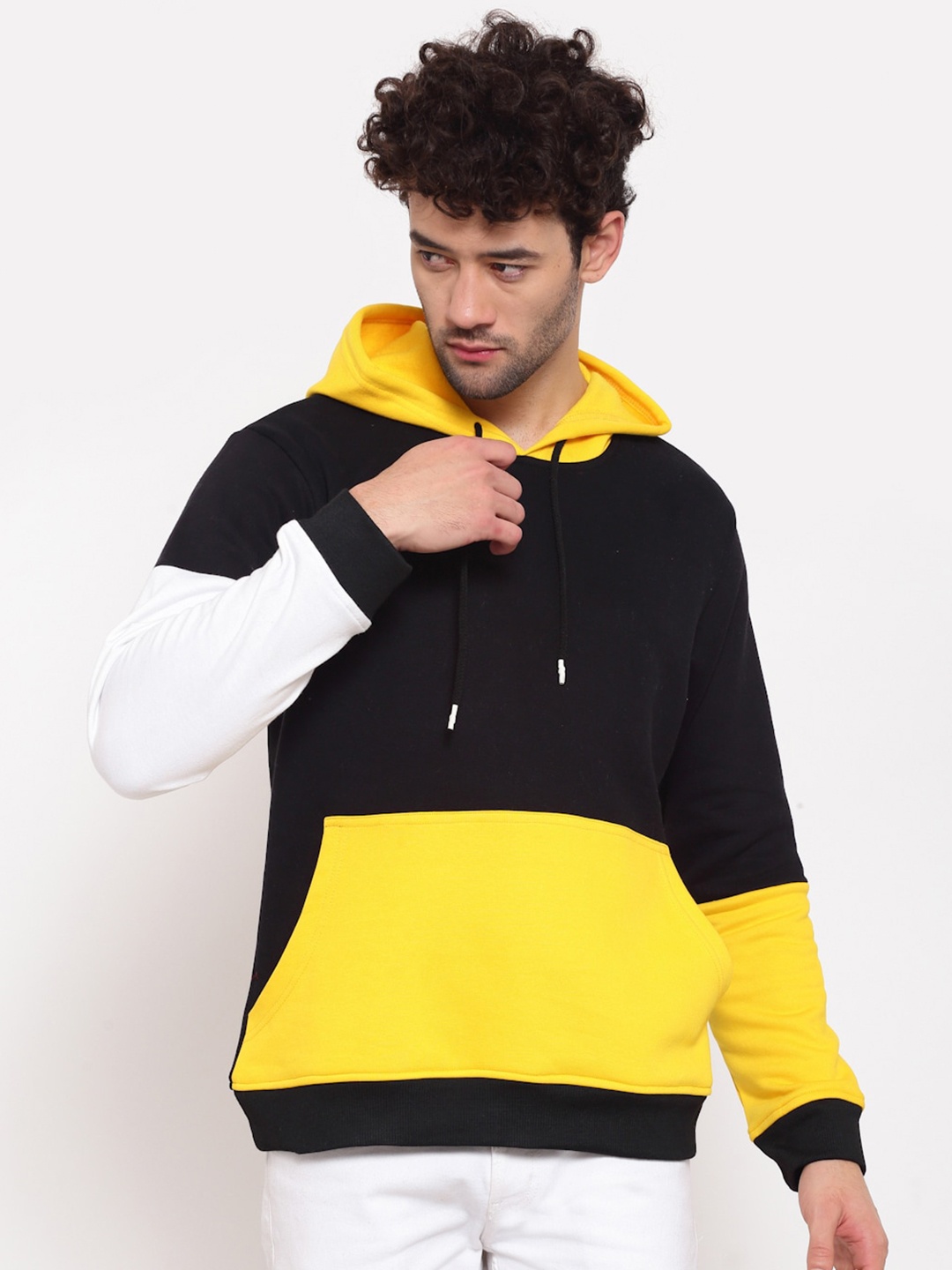 

PAUSE SPORT Men Black & Yellow Colourblocked Cotton Hooded Sweatshirt
