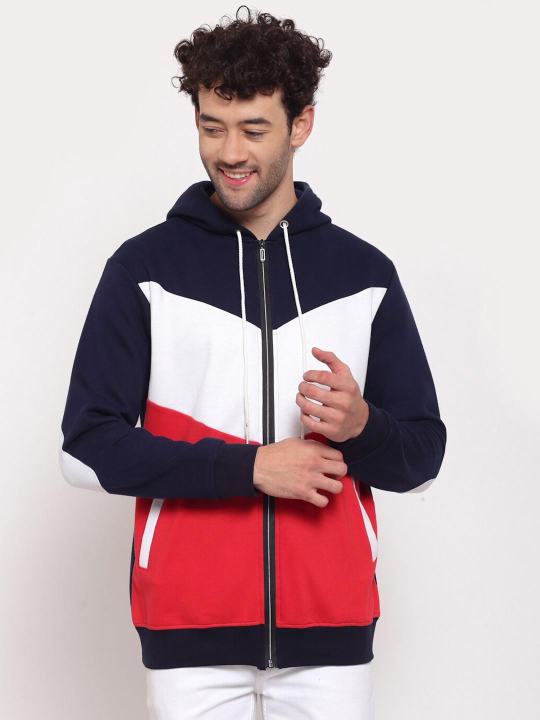 

PAUSE SPORT Men Navy Blue & White Colourblocked Hooded Cotton Sweatshirt