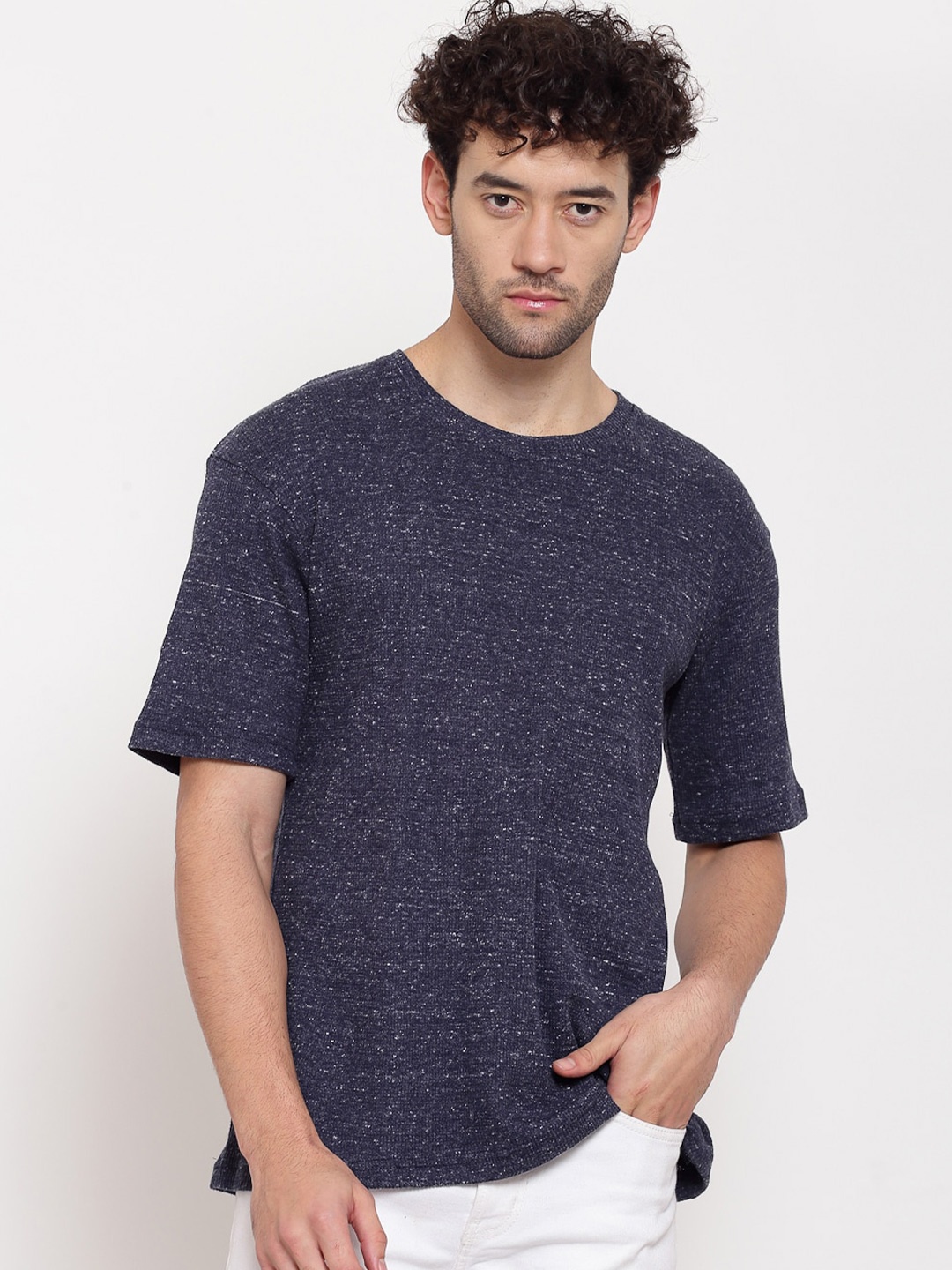 

PAUSE SPORT Men Navy Blue Self Design Antimicrobial Outdoor T-shirt