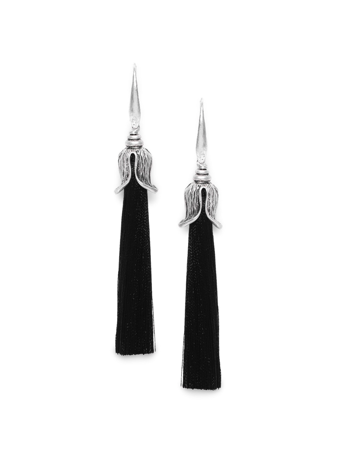 

Wild & Free Black Quirky Rhodium-Plated Oxidized Tassel Drop Earrings