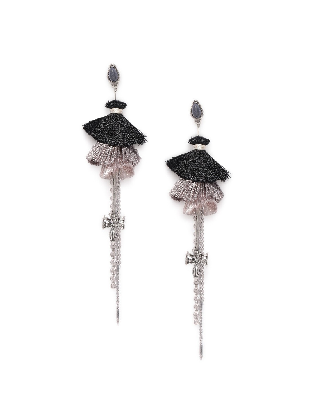 

Wild & Free Rhodium-Plated Silver-Toned & Black Quirky Tasselled Drop Earrings