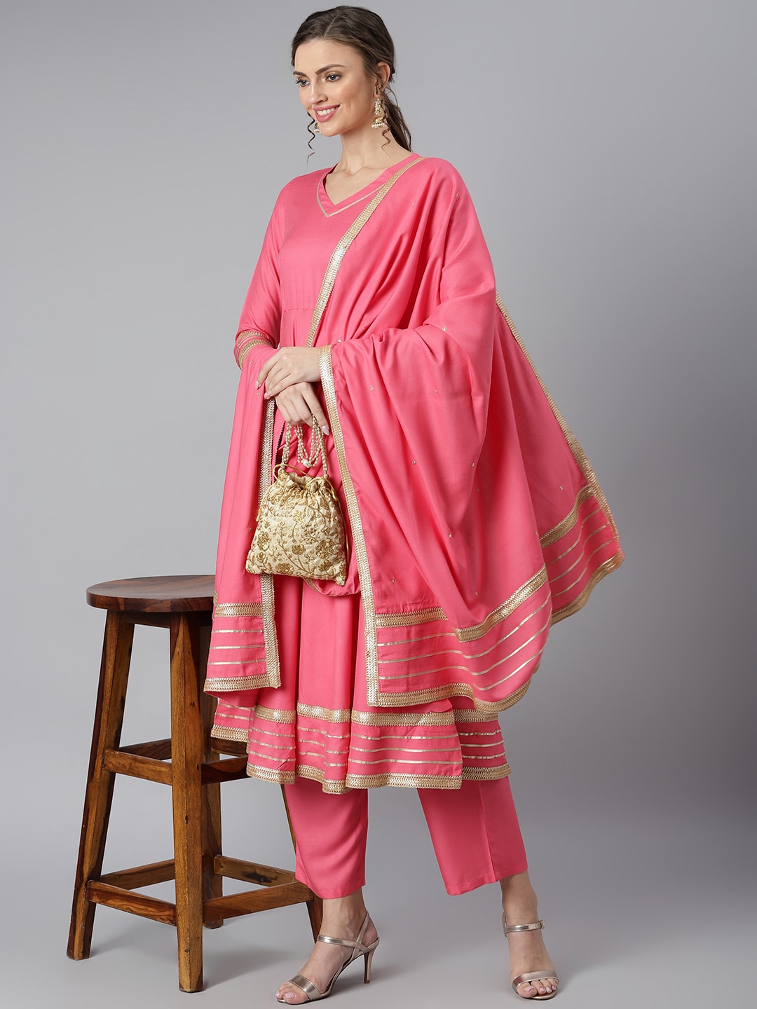 

Khushal K Women Pink Solid Gotta Patti Kurta with Trousers & Dupatta