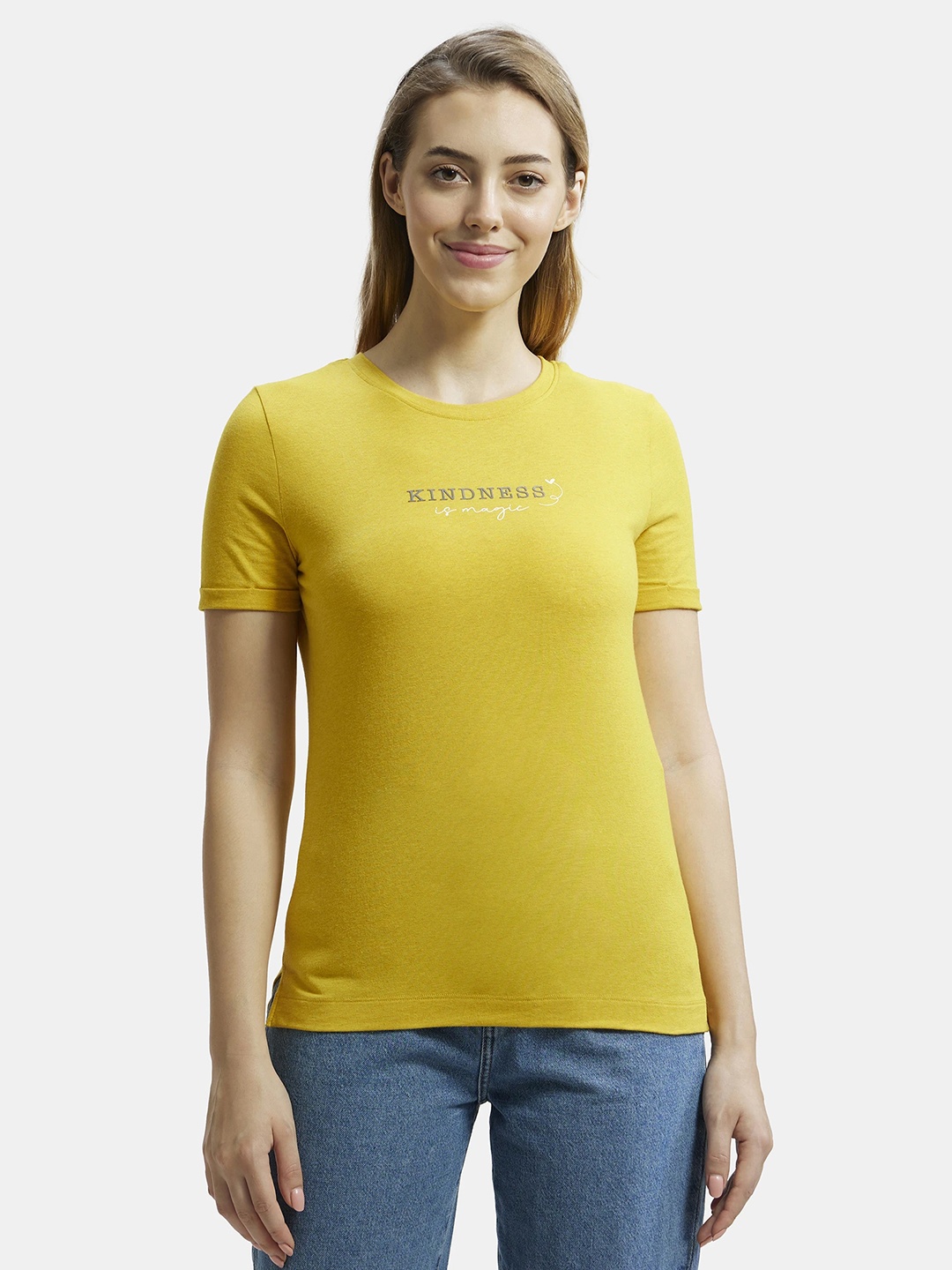 

Jockey Cotton Rich Elastane Relaxed Fit Printed Round Neck T-Shirt, Yellow