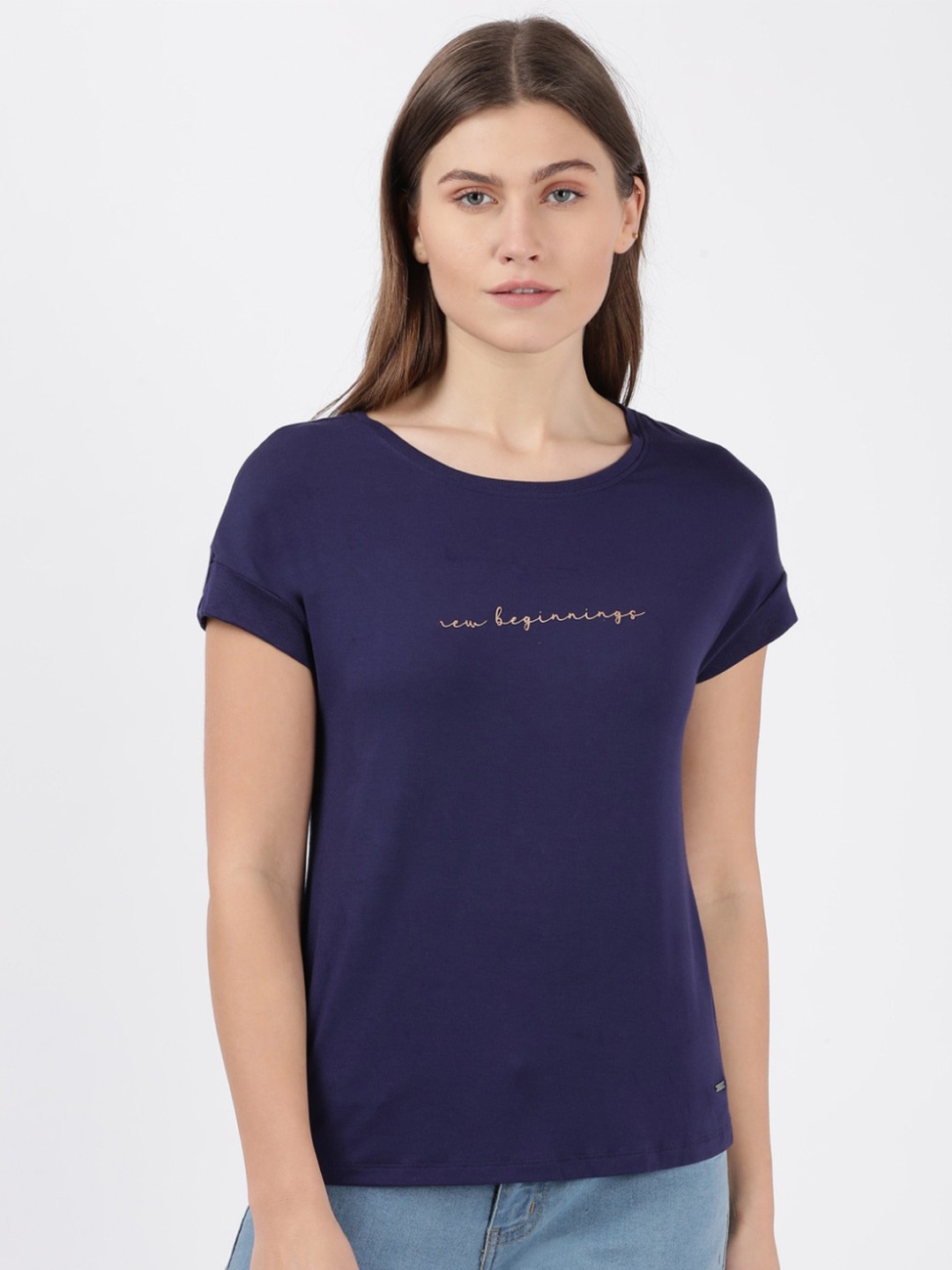 

Jockey Women Blue Typography Extended Sleeves T-shirt