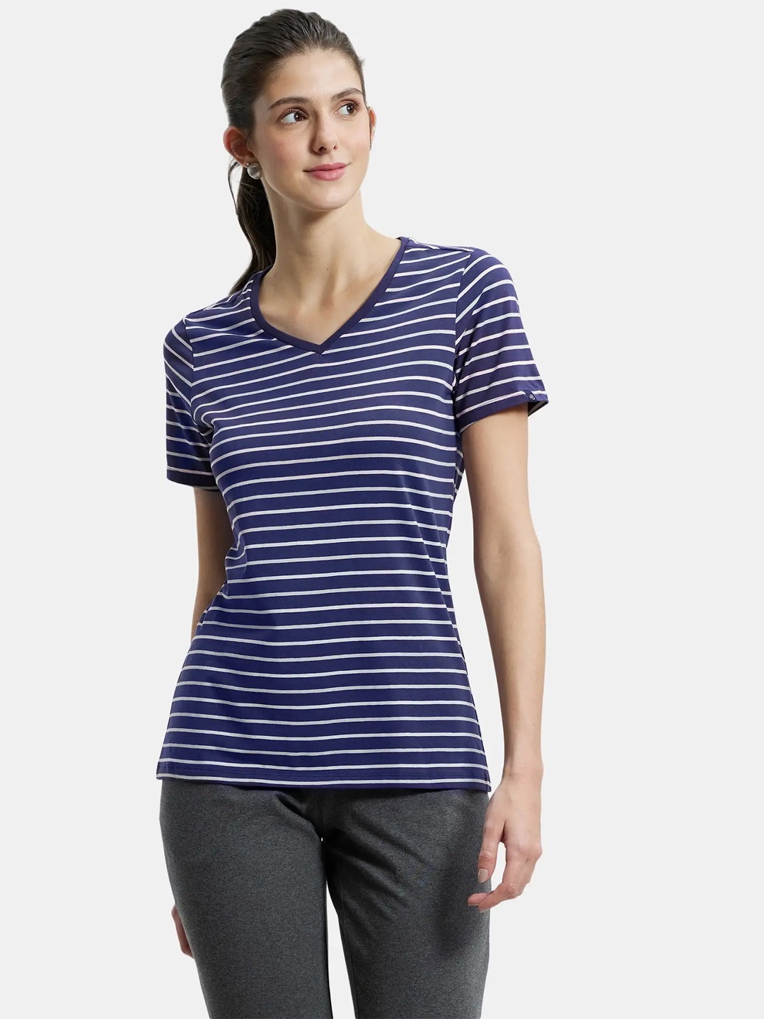 

Jockey Women Blue & White Striped V-Neck T-shirt