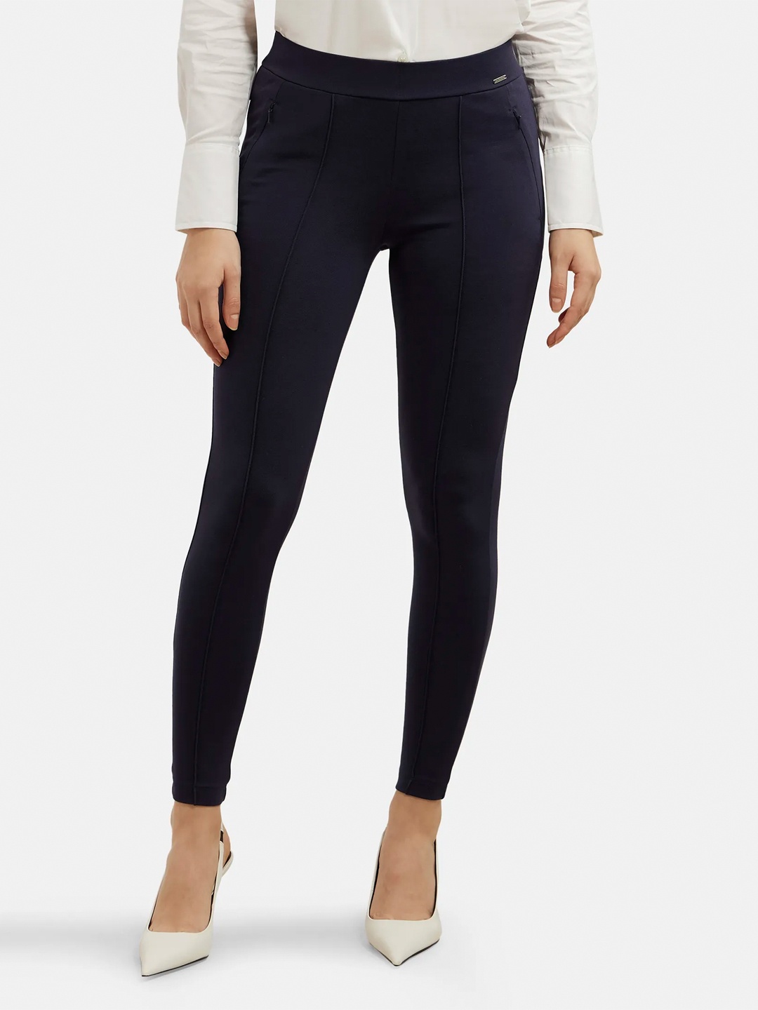 

Jockey Rayon Nylon Slim Fit Solid Treggings with Side Zipper Pockets -IW05, Navy blue